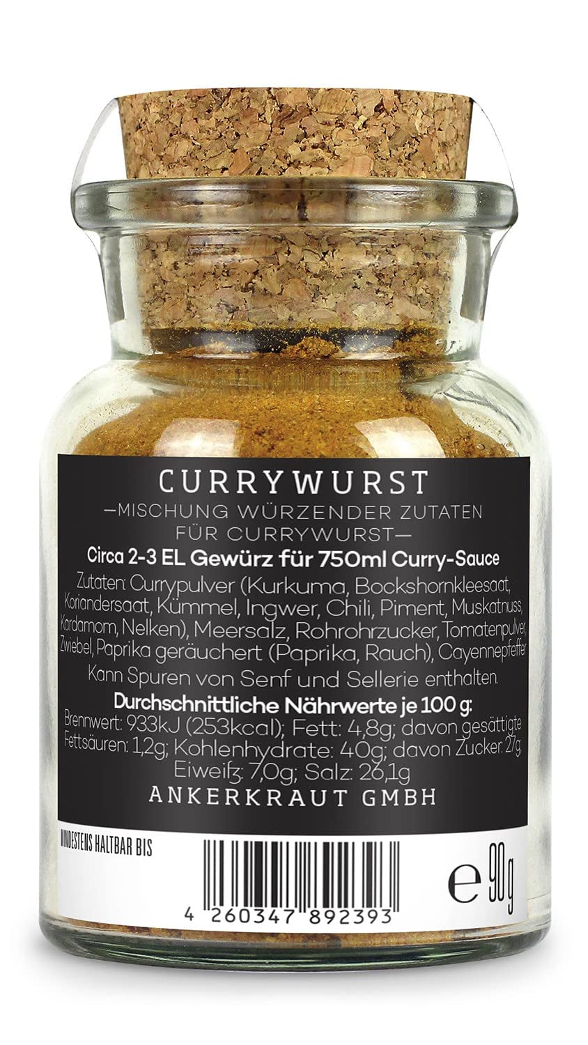 Ankerkraut Currywurst, 90g i korkglas, Gewürzmischung zum Anmischen selbstgemachter Currywurst-sauce eller als Topping