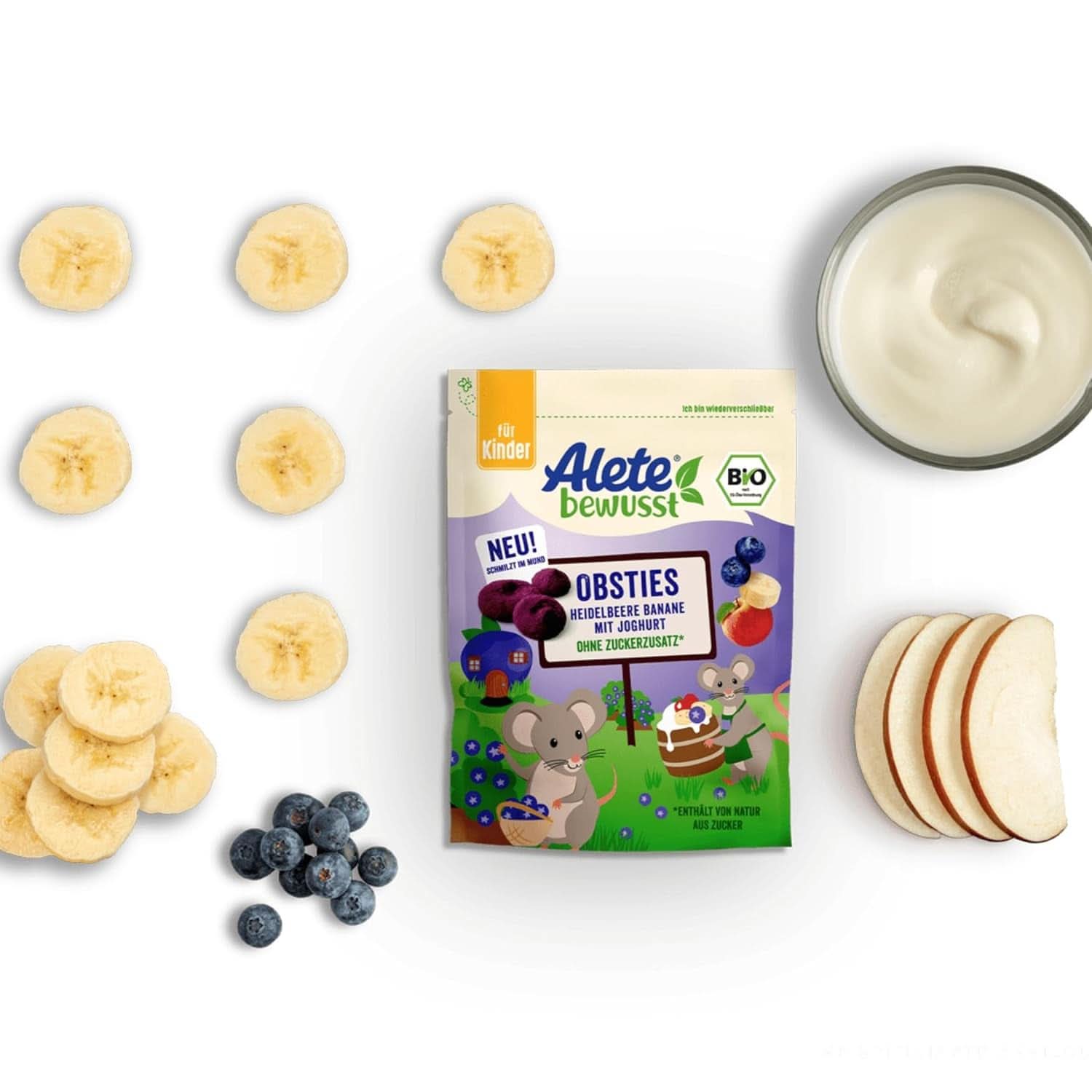 Andre Bewusst Obsties, Blåbær og Banan med Yoghurt, Fra 3 år, frysetørrede økologiske frugtchips, 20 gram Mor og Barn Naty Shop