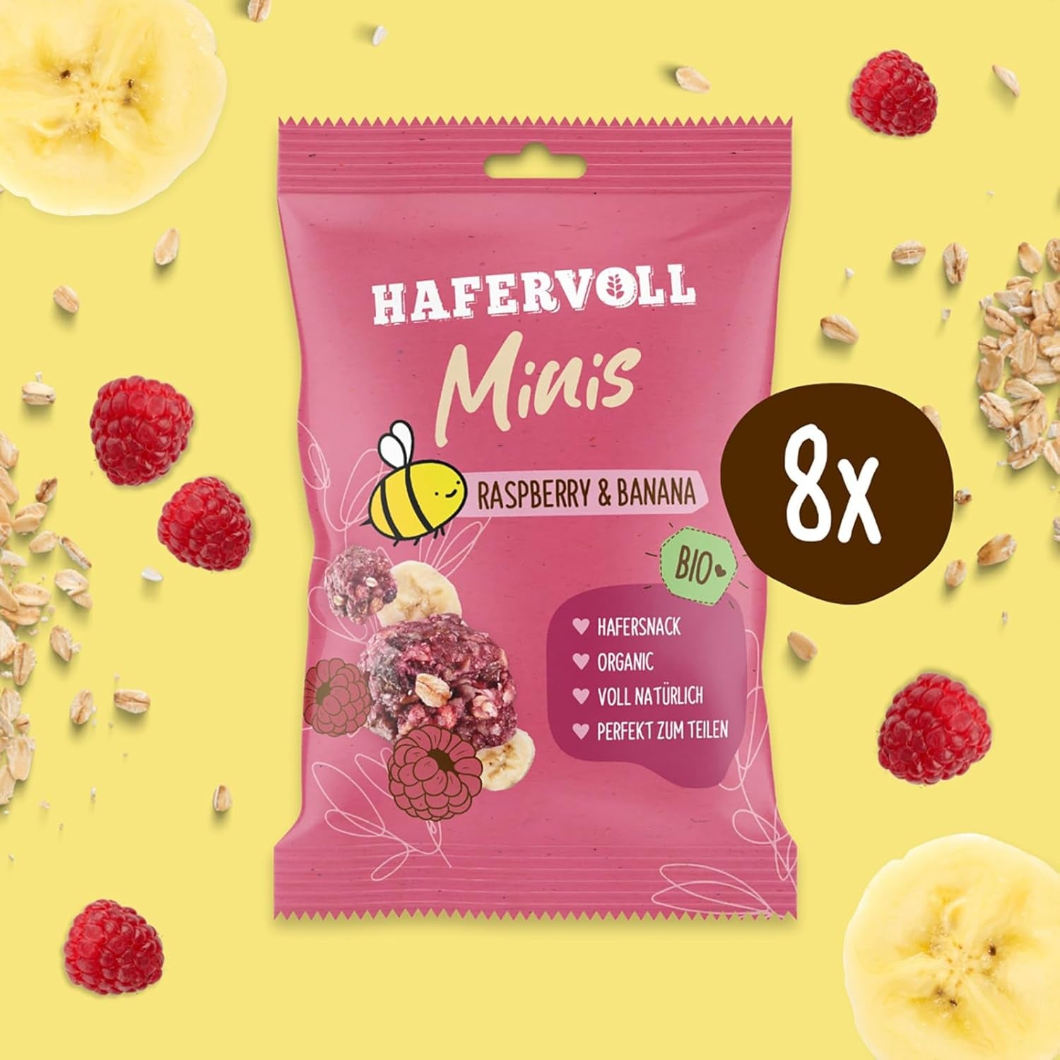 HAFERVOLL Minis Raps og Banan 8x 65g - Certificeret økologisk, med honning, uden tilsat sukker, perfekt til deling
