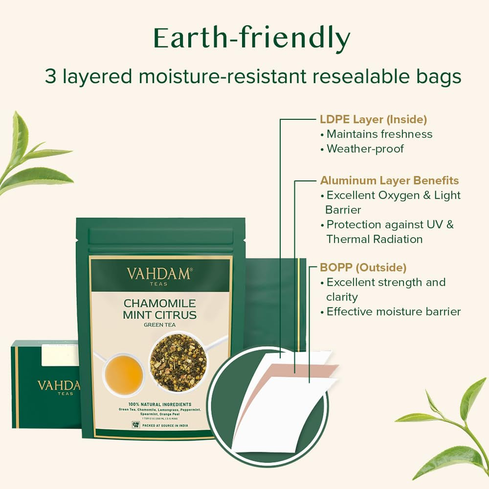 VAHDAM, ceai verde cu mușețel, mentă și citrice (100 g) Ceai natural 100% | Ceai verde, flori de mușețel, mentă, coji de portocală, ceai de mușețel | Direct de la sursa din India