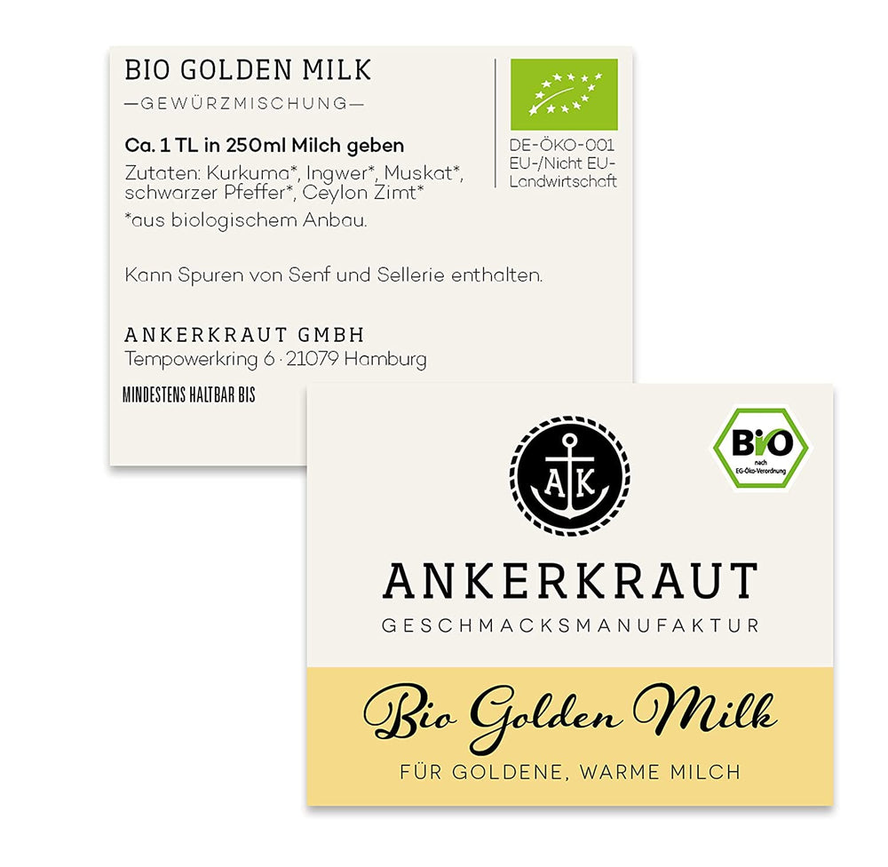 Ankerkraut Bio Golden Milk, Gewürz für goldene Milch, med gurkemeje, Zimt og Ingwer, 75 g i et korkglas
