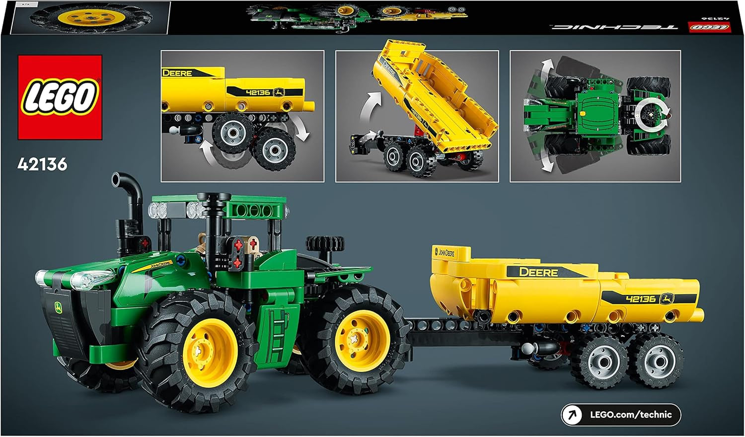 LEGO Technic John Deere 9620R 4WD traktor med tipvogn Klassisk landbrugslegetøj til børn Drenge og piger 8 år gammelt samlermodelsæt 42136 byggesæt Besuche den LEGO-Store