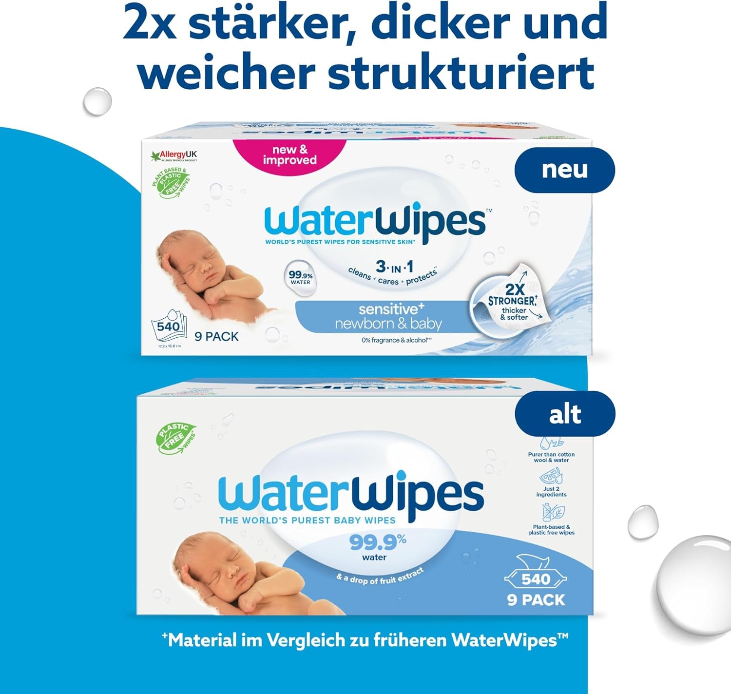 WaterWipes Sensitive+ vådservietter til nyfødte og babyer, 540 stykker (9 pakker), 3-i-1 rengøring, pleje, beskyttelse, 99,9 % vand, parfumefri