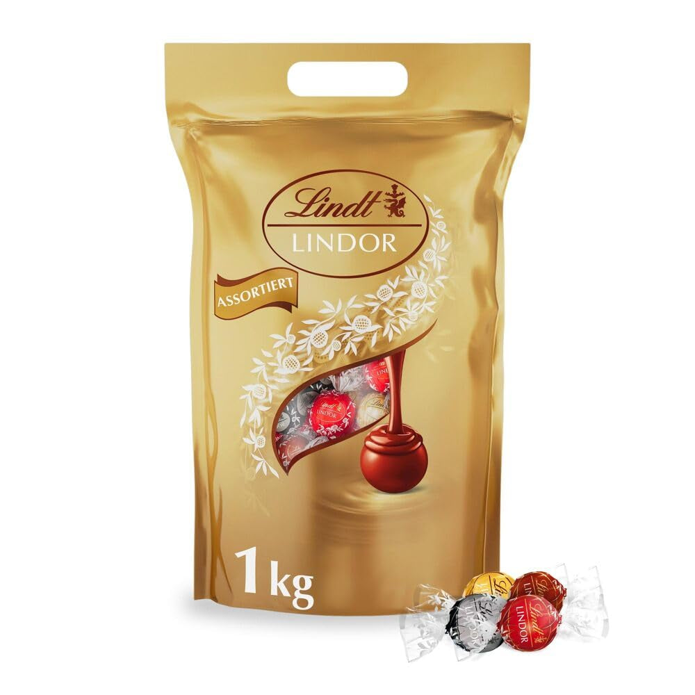 Klassisk sortiment af Lindt chokoladekugler LINDOR | ca. 80 kugler chokolade (mælk, hvid, mørk 60%, hasselnød) | Bulkpakke, 1 kg