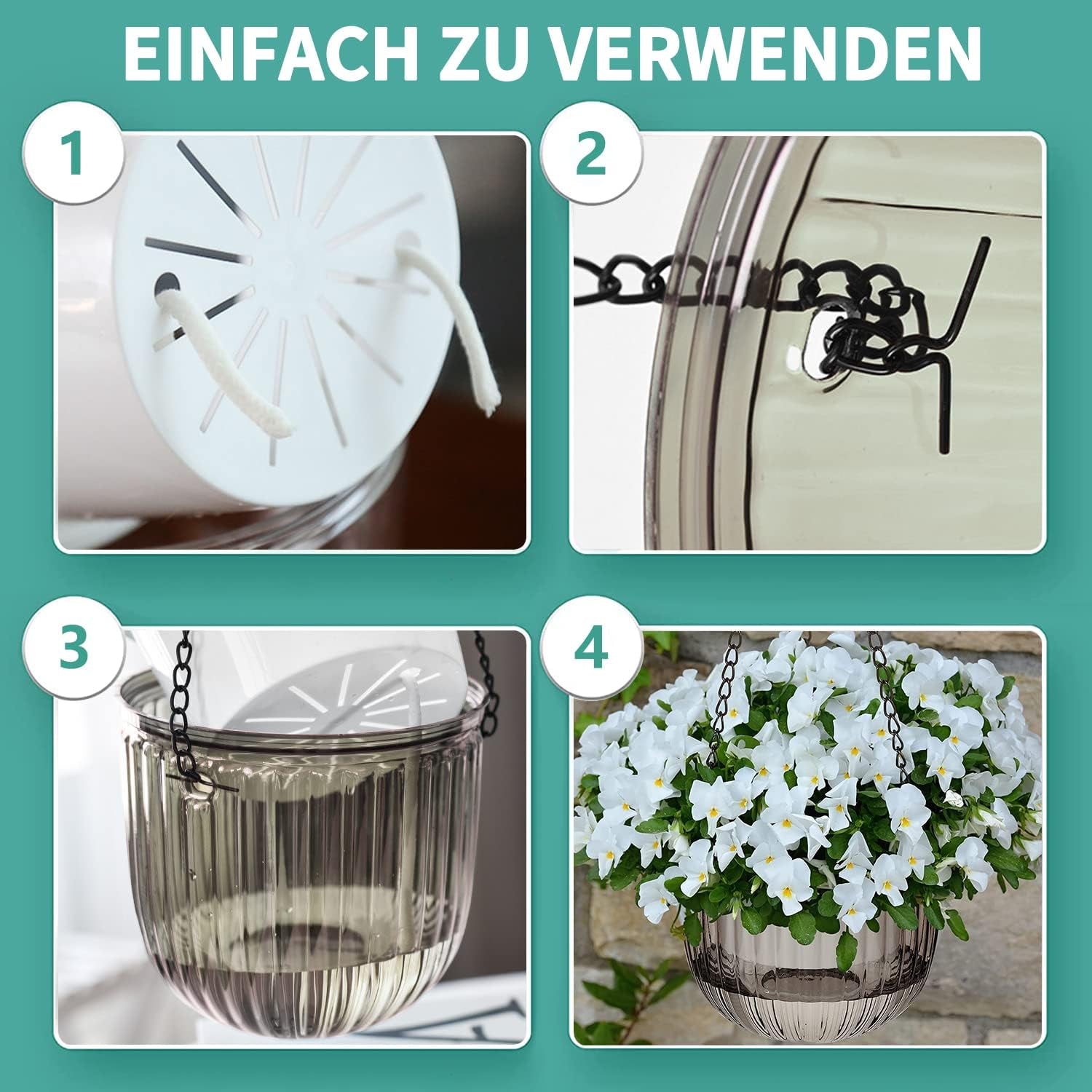 Sæt med 2 selvvandende hængende plantekasser, 16,5 cm indendørs hængende urtepotte med 3 kroge og drænhuller til indendørs og udendørs brug, loft, balkon og vægdekoration (grå)