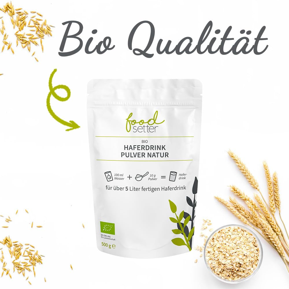 foodsetter Bio Haferdrink Pulver | 500g pose | Haferpulver | Instant Haferpulver | Biokvalitet | Vegansk | Glutenfri | Ohne Zuckerzusatz | 0,5 kg