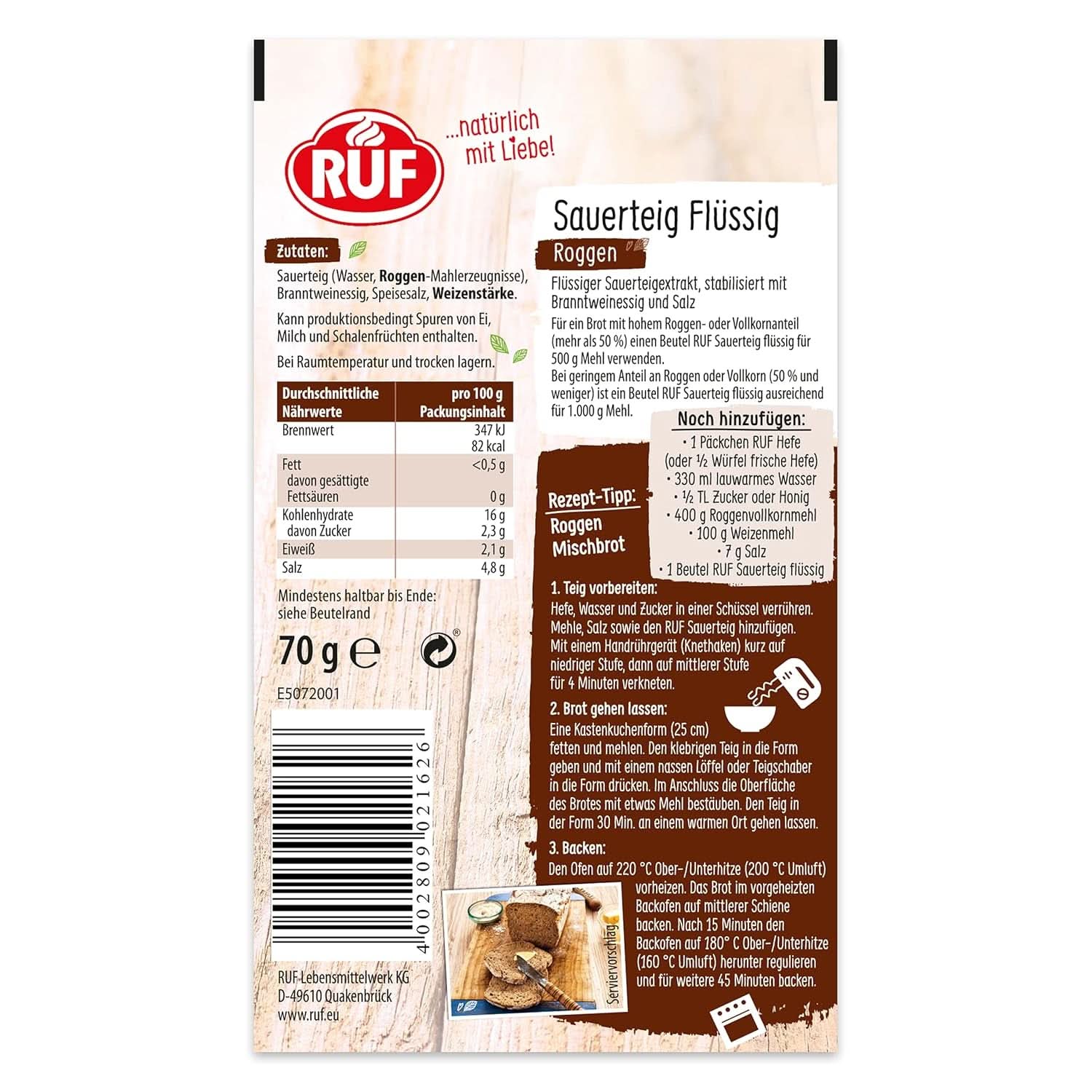 RUF Rugsurdejsvæske, flydende ekstrakt til brøddej og rundstykker, Surdej, rug- og fuldkornsbrød, 170 gram Kitchen Naty Shop