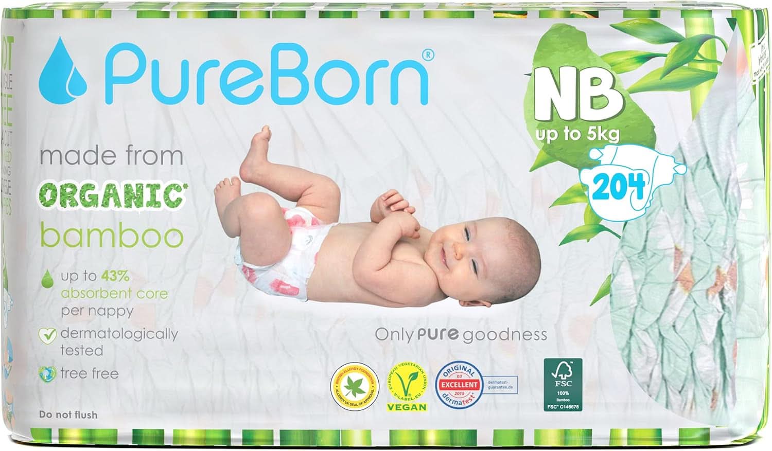 Pureborn Eco økologiske bambusbleer, størrelse til nyfødte op til 5 kg, ultrabløde, allergivenlige, med fugtindikator, forskellige prints Mother and Child Naty Shop Newborn (204 stk)