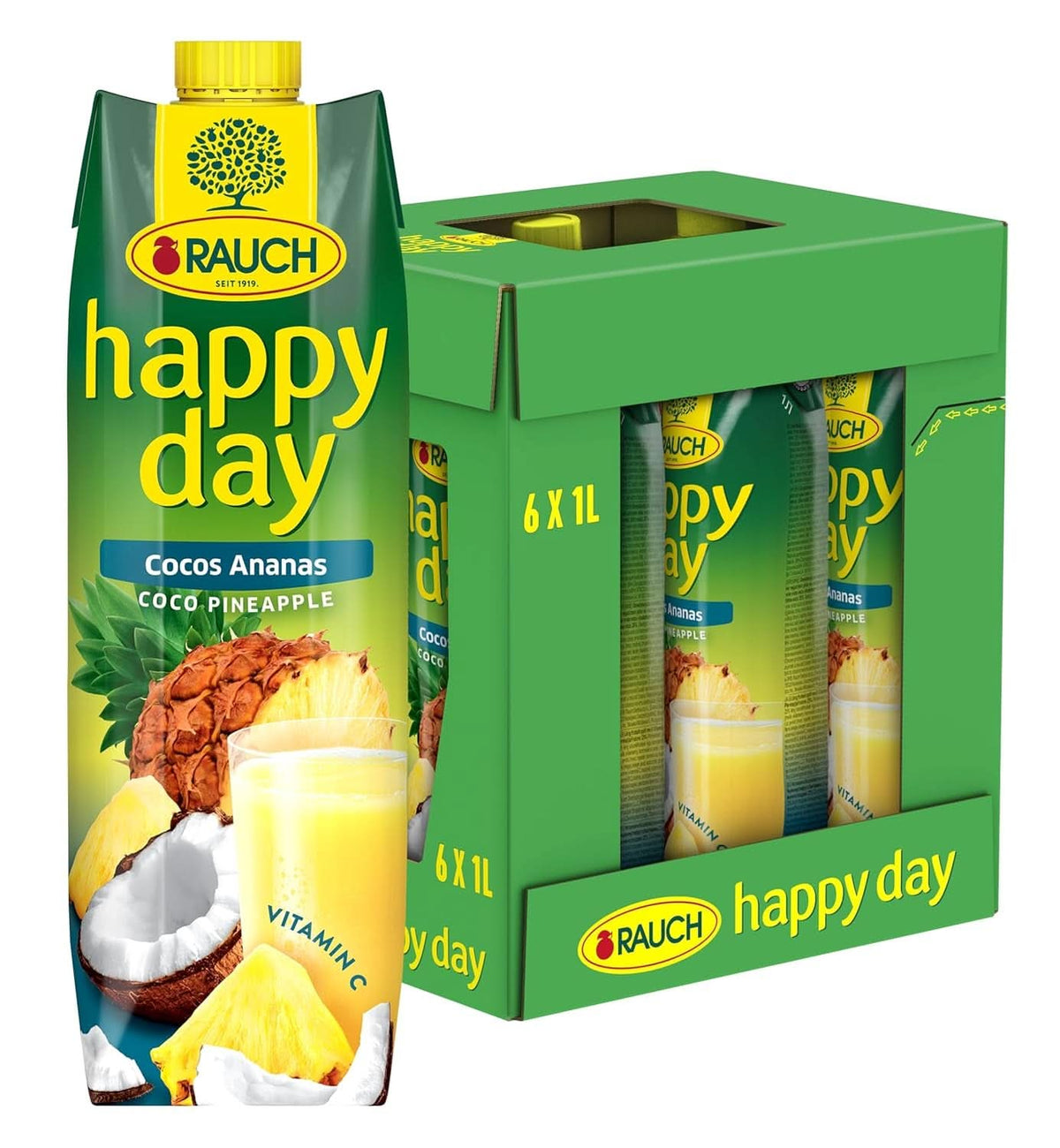 Rauch Happy Day kokos-ananas | En tur til Caribien | Ananas frugtjuice og kokosvand | 6 x 1 liter, Tetra Prisma Alkoholfri drikkevarer Naty Shop