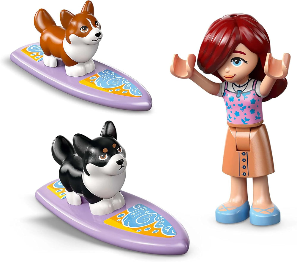 LEGO Friends Strandeventyr med hunde Byggelegetøj til piger 6 år gammelt dyrelegesæt med 2 minifigurer og 2 corgifigurer Kreativ børnegave Surfboard Adventure Byggesæt 42641 Byggesæt Besuche den LEGO-Store