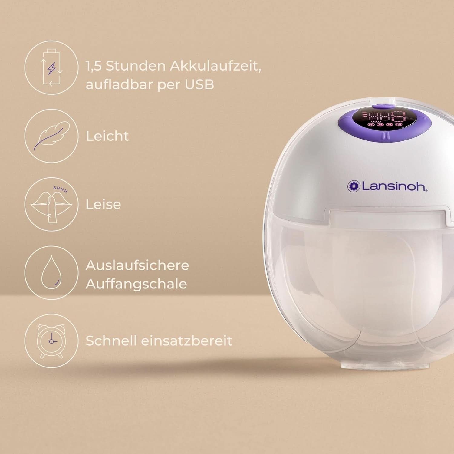 Lansinoh Tragbare Elektrische Doppelmilchpumpe – Freihändig Und Leise Abpumpen Ohne Kabel & Schläuche – Wiederaufladbarer Akku – Einfache Bedienung & Reinigung - Håndfrit tilbehør Mad og amning Bebe Naty Shop