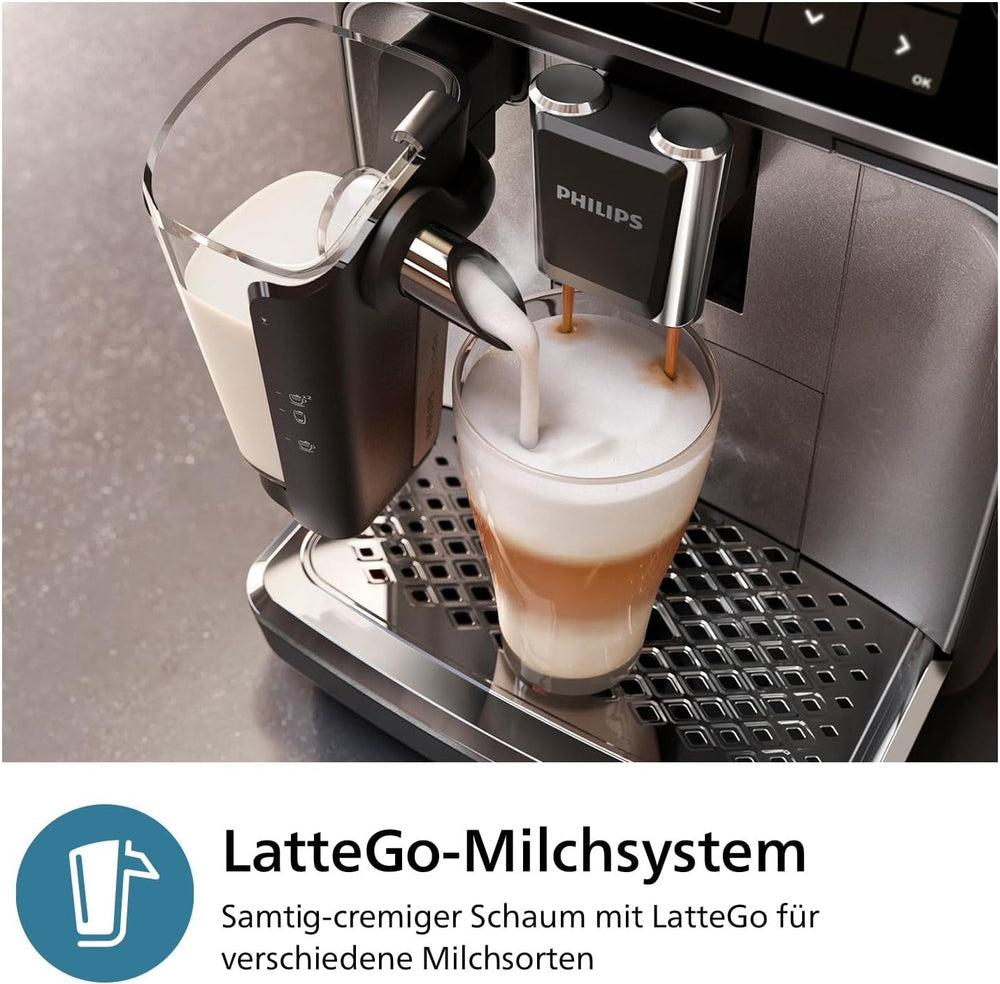 Espressor automat PHILIPS seria 3300 - 6 băuturi, ecran tactil color modern, sistem de preparare a laptelui LatteGo, SilentBrew, râșniță 100% ceramică, filtru AquaClean. Crom negru (EP3347/90)
