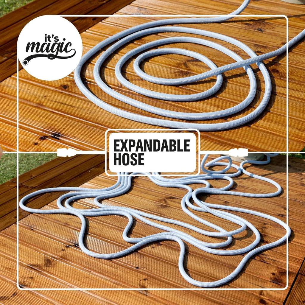 Furtun de grădină Magic Blue, extensibil, de 10 metri, rezistent la noduri și răsucire, cu sac și duză de pulverizare