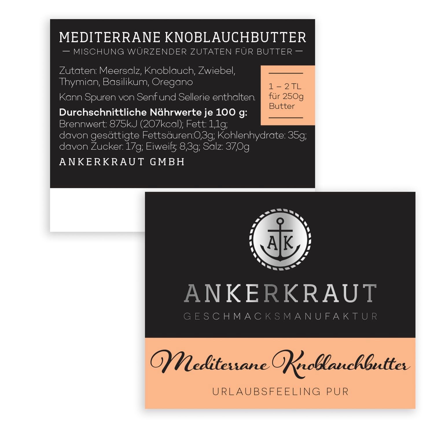 Ankerkraut Mediterranean Knoblauchbutter Gewürz, 85g i korkglas, Zuckerfrei, Würzige Ingredient für Smør, Gaveidé, Grill-Abend med venner og familie, Premium Quality Ohne Gesmackverstärker