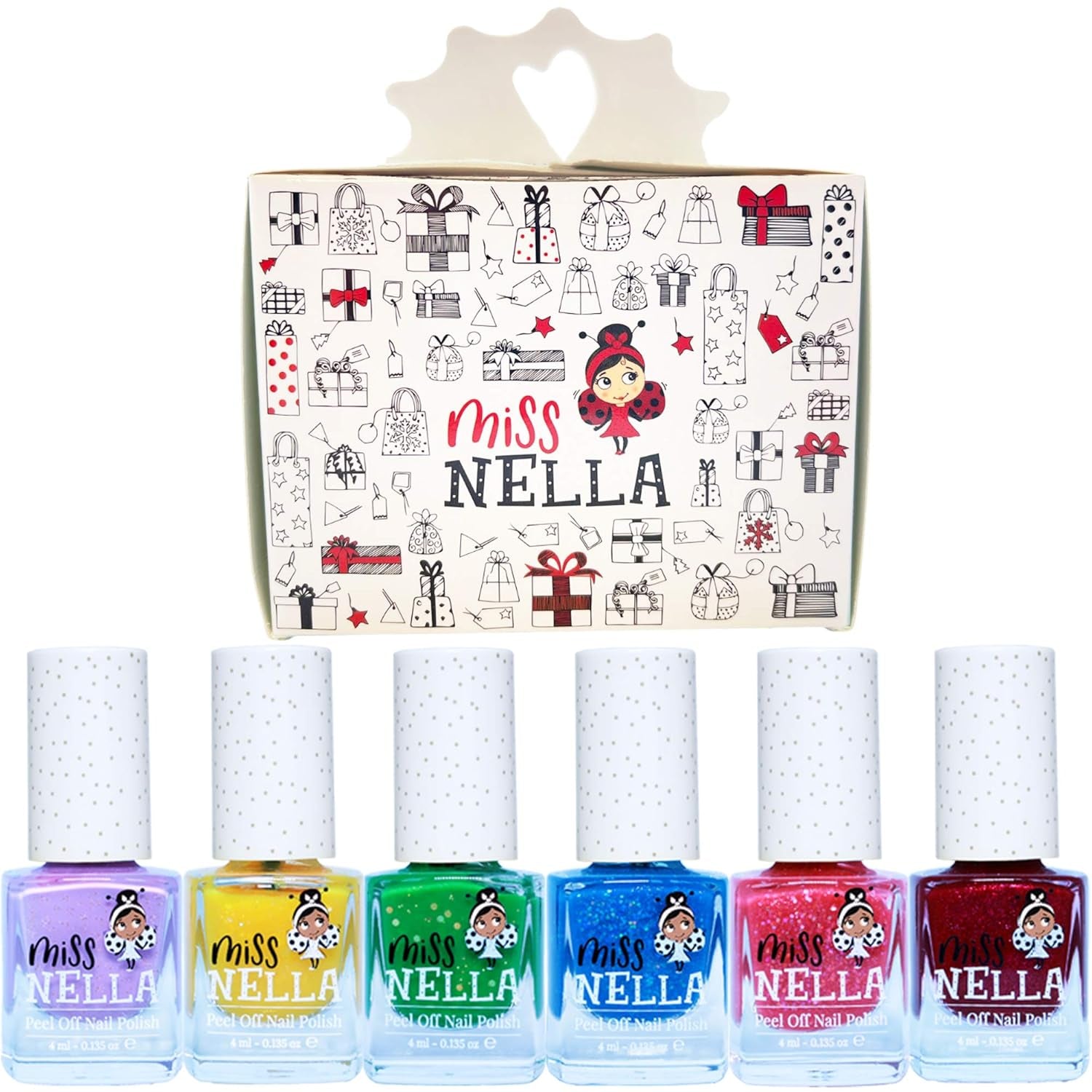 Miss Nella Magic Collection 4-delt glitter neglelaksæt: Pink, rød, guld og blå, special aftagelig neglelak til børn, ikke-giftig, vandbaseret, lugtfri
