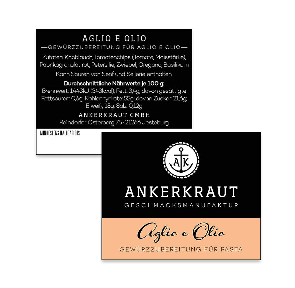 Ankerkraut Aglio e Olio, italiensk Gewürzmischung til pasta og klassiske spaghetti-nudler, 120 g i en aromatisk pose