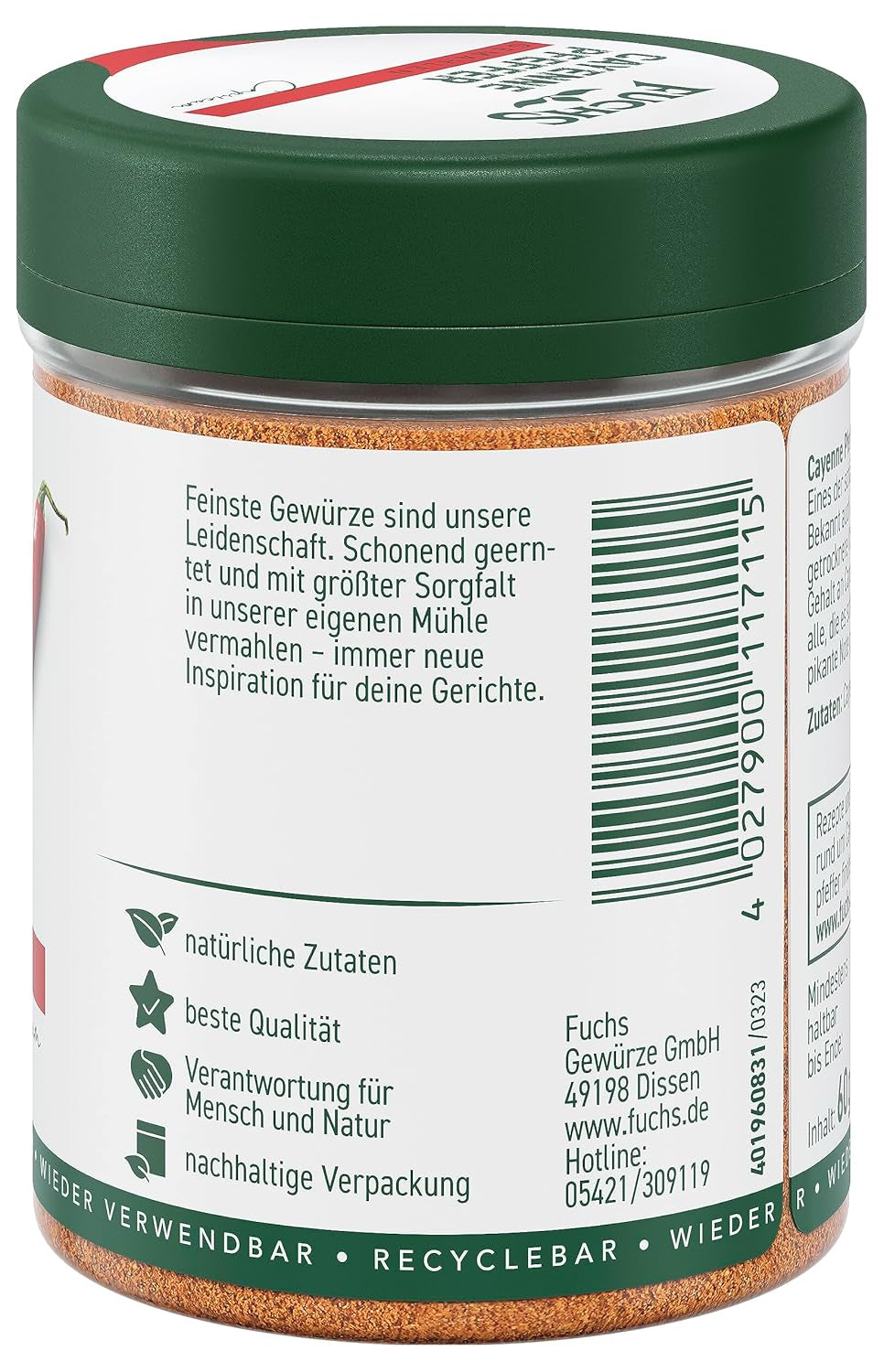 Fuchs Gewürze - Cayennepeber gemahlen - for einen scharfen Geschmack i alle slags retter - naturlige ingredienser - 60 g i wiederverwendbarer, genbrugsbarer Dosis