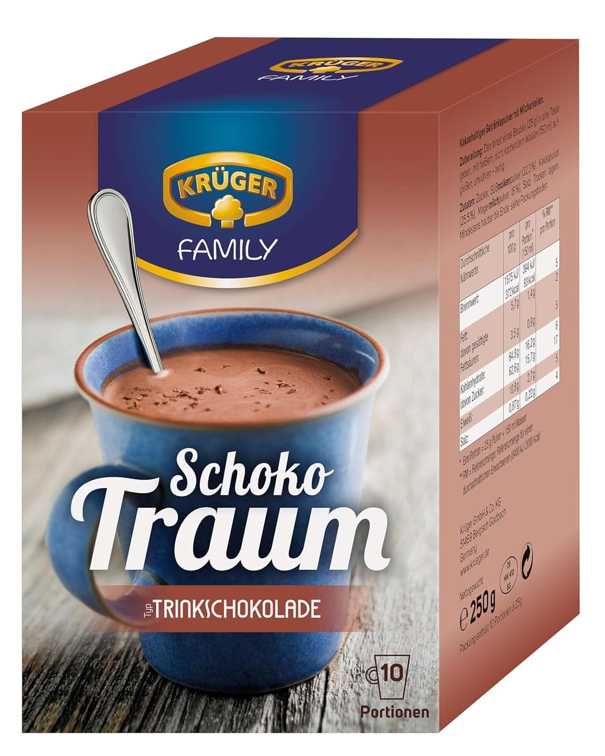KRÜGER-familien, kakaopulver til varm chokolade, 8 æsker x 10 poser, 8 x 250 gram kakao og varm chokolade Naty Shop