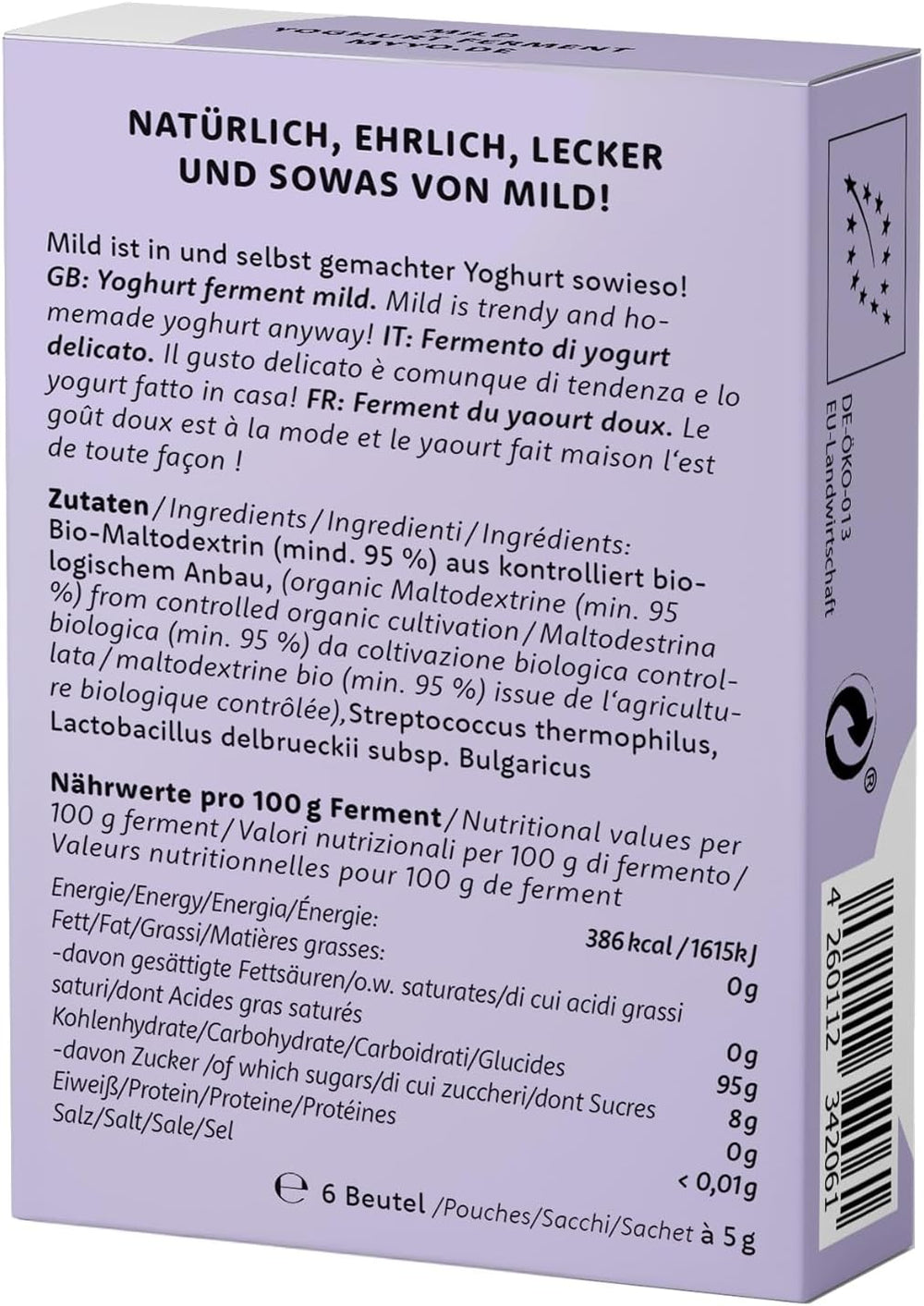 Bio Joghurtferment Mild | 6x5 gr | Joghurtkulturen für bis zu 30 L selbst gemachten mild Joghurt