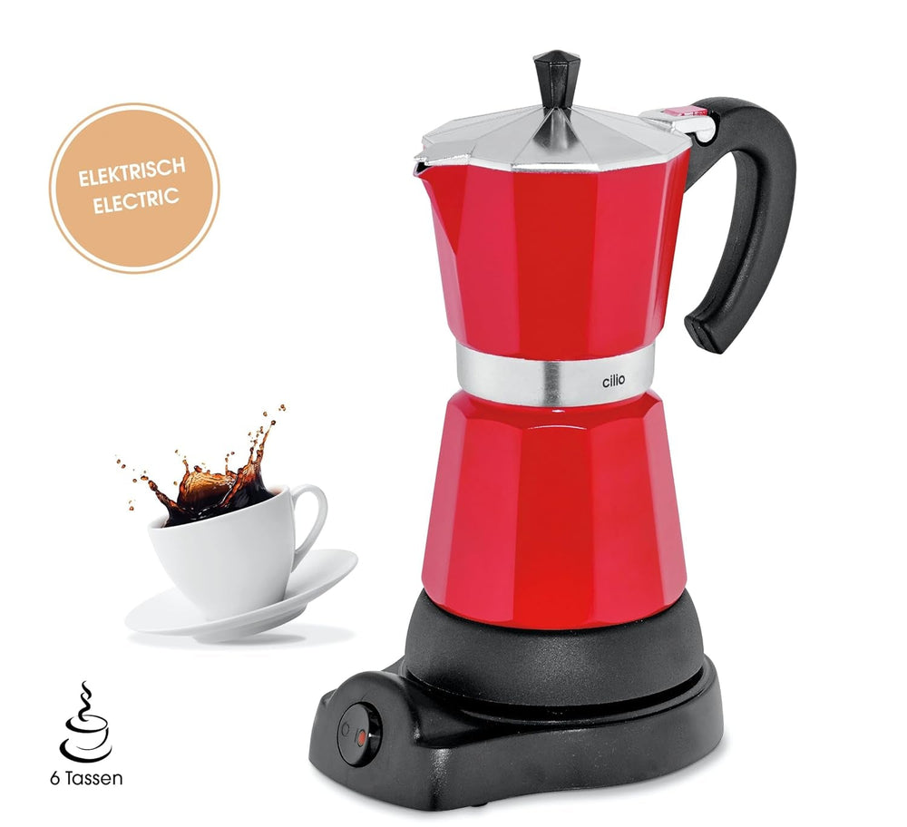 Espressor Cilio Classico pentru 6 cești | electric 480W | Ø 11,5 cm Înălțime: 25 cm | aluminiu | roșu | plită integrată | cu funcție de menținere a căldurii și filtru reductor | pentru călătorii sau camping