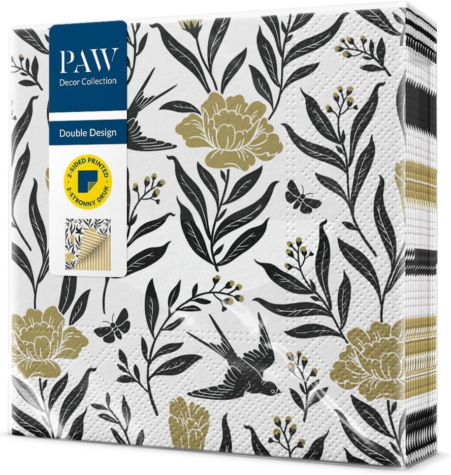 PAW - Șervețele față-verso 3 straturi (33 X 33 cm) I 20 bucăți I Perfect pentru zile de naștere, petreceri, nunți, comuniuni, sărbători I Decorațiuni de masă imprimate pe ambele părți - Flori boho păsări I Baloane dungate