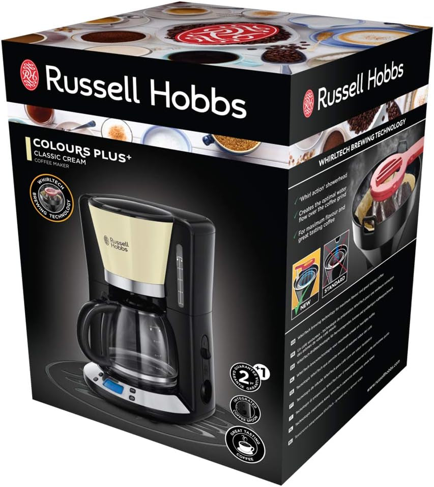 Cafetieră Russell Hobbs [Temporizator digital, Cap de duș pentru extracție și aromă optime] Colours+ Creme (1 până la 10 cești, carafă de sticlă de 1,25 l, placă de încălzire, 1100 W) Cafetieră cu filtru 24033-56