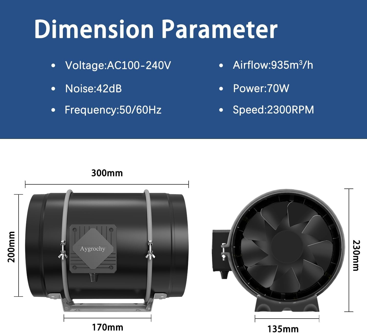 Aygrochy 200mm 70W justerbar kanalventilator EC-motorudsugningsventilator til opvarmning, køling, boostere, væksttelte, hydroponics, husholdnings-, ventilations- og udstødningsblæser.