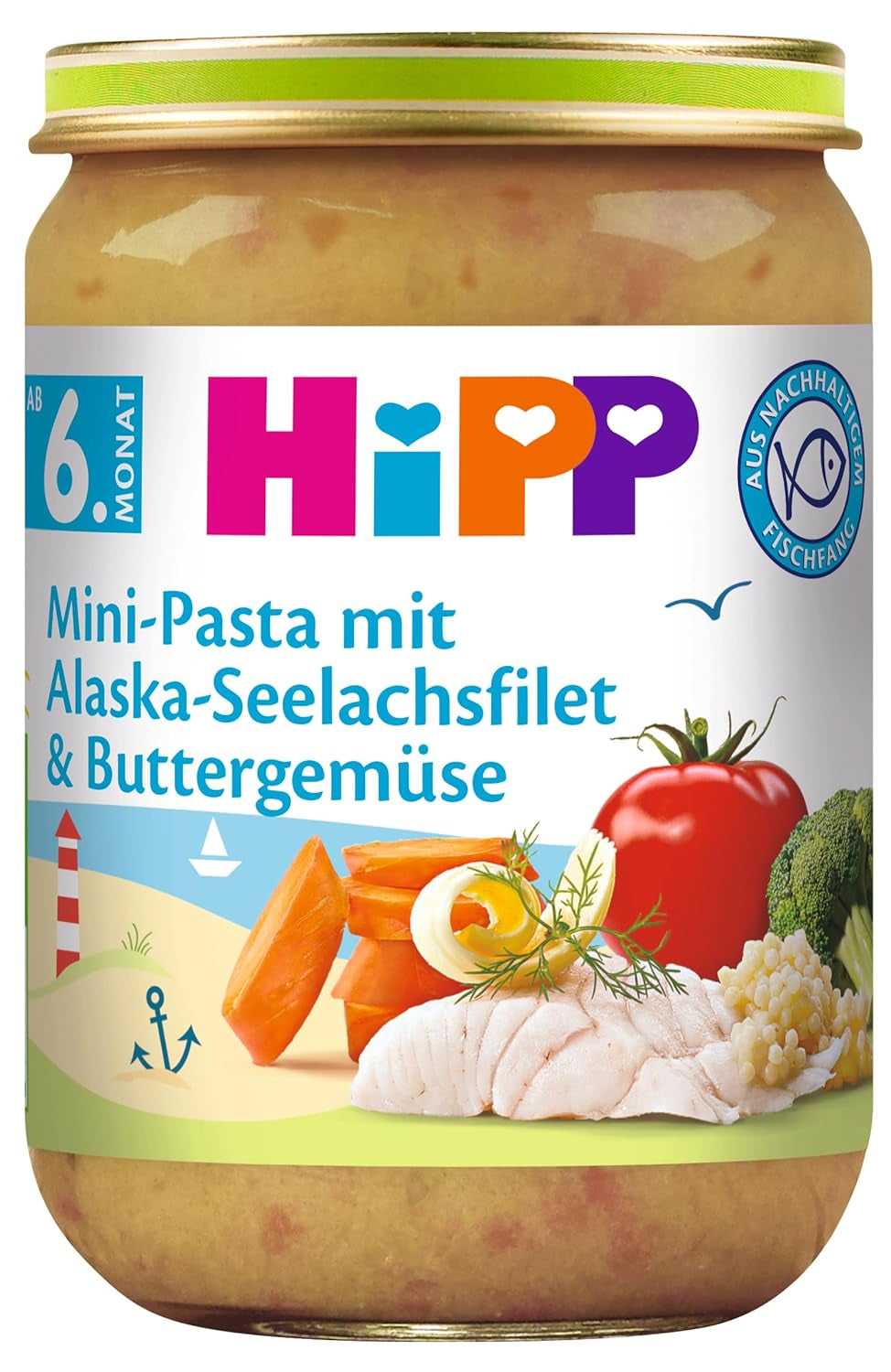 HiPP Mini Pasta med Alaska Pollock-fileter og smørsmurte grøntsager, 6 stk. (6 x 190 g)