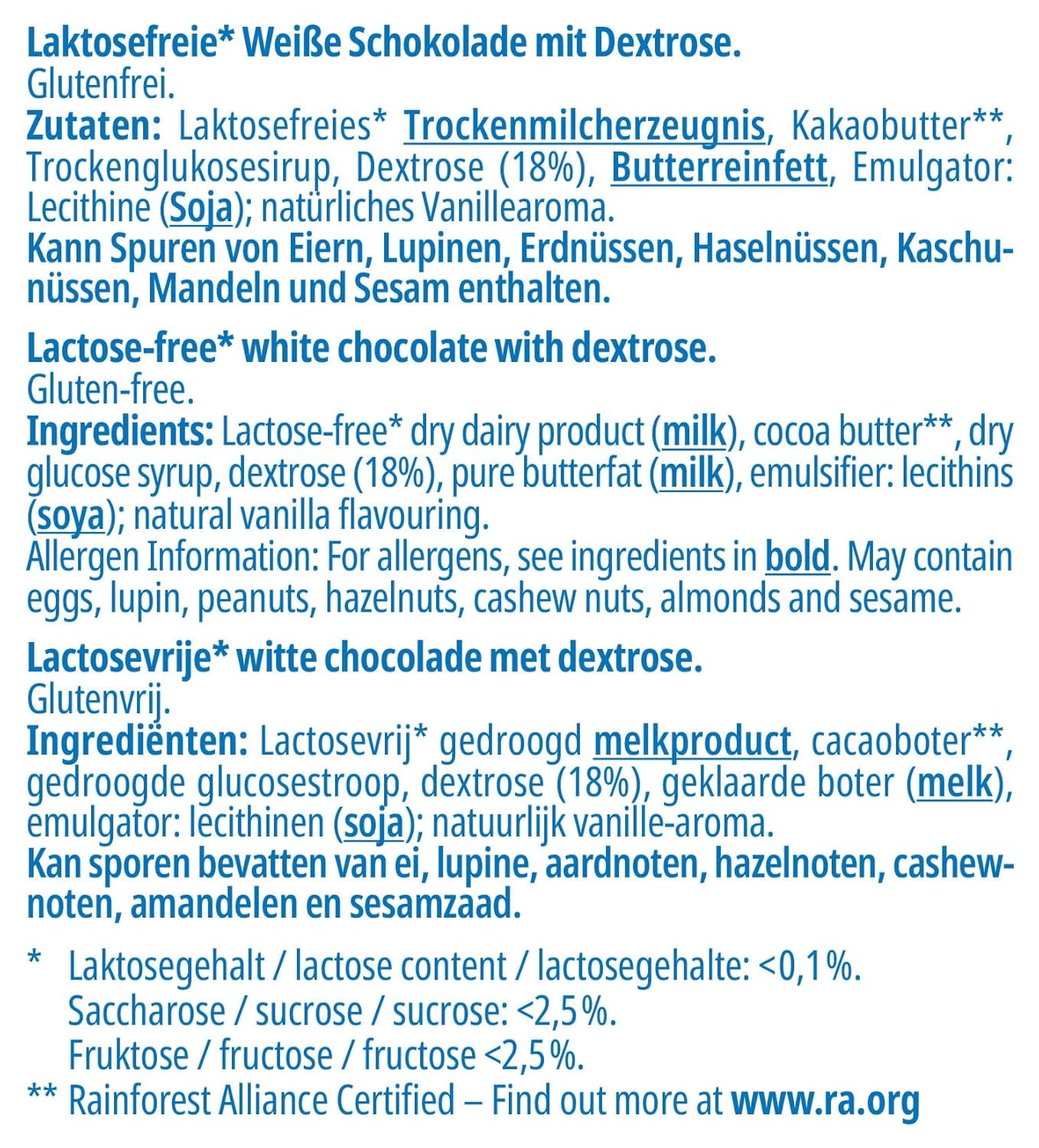 frankonia CHOKOLADE Hvid chokolade med dextrose, laktosefri og glutenfri, 80 g