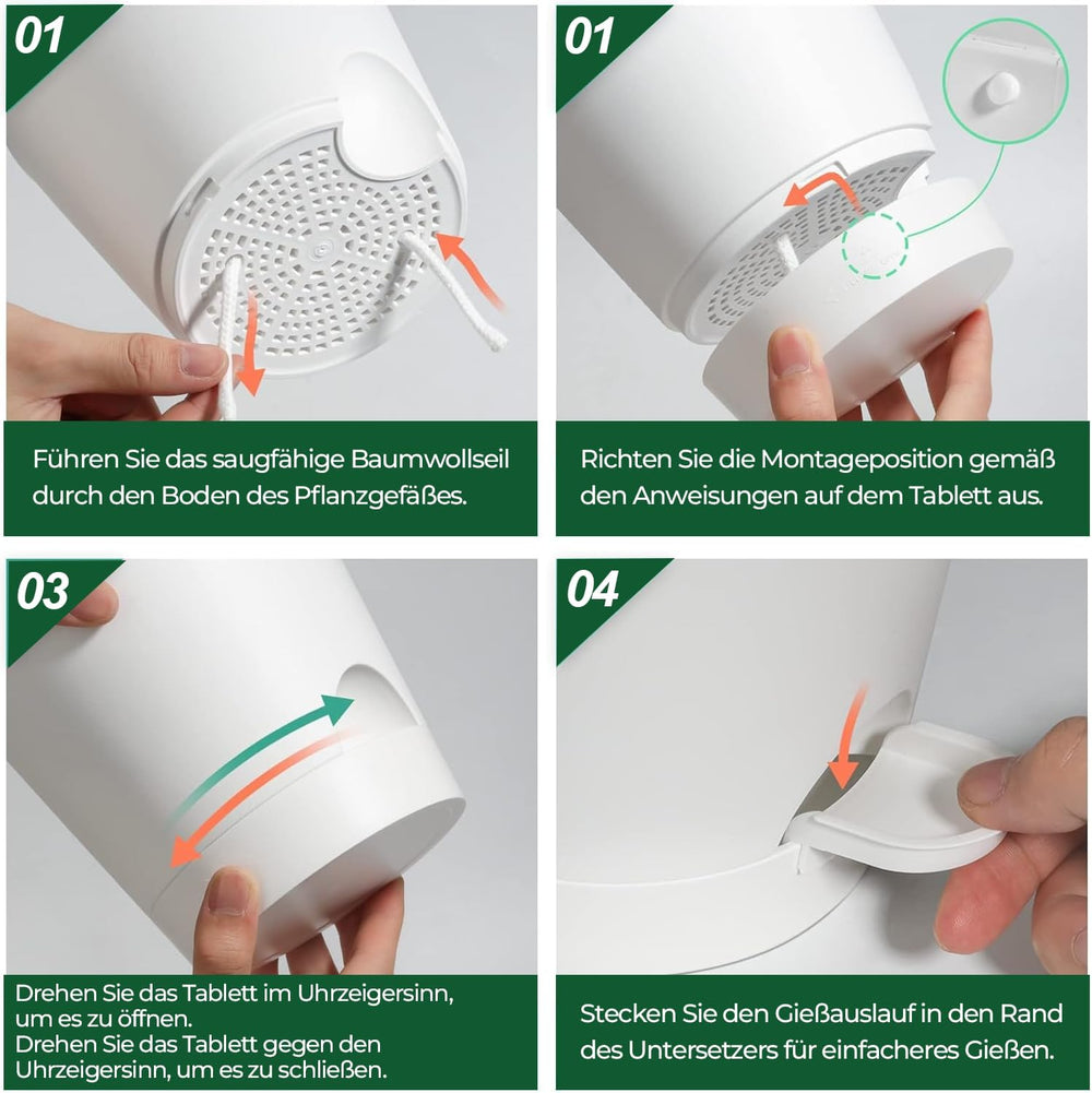 T4U 14 cm plastik urtepotter med vandingssystem, sæt med 6 selvvandende urtepotter og underkopper, runde potter til indendørs altanhaveplanter, sukkulenter, kaktusser, hvid