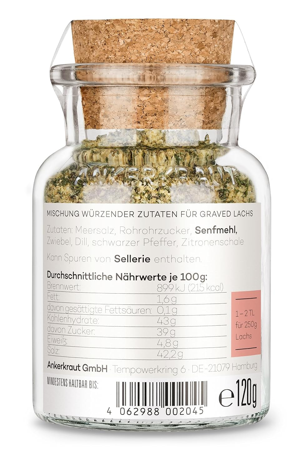 Ankerkraut Graved Lachs (Schweden), Mischung würzender Zutaten für Fisch, schwedischer Graved Lachs, 120 g im Korkenglas