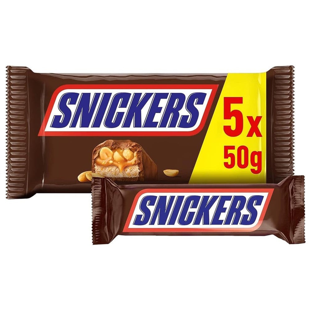 Snickers Chocolate Bar Peanut Caramel 5 Bar Pack | Snack fodbold | (1 x 5 x 50 g)