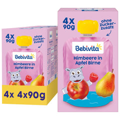 Himbeere i Apfel Birne Quetschie – 16 Stück (4er Pack, je 4 x 90g), ohne Zuckerzusatz, glutenfrei, ideal für unterwegs und selbständiges Snacken