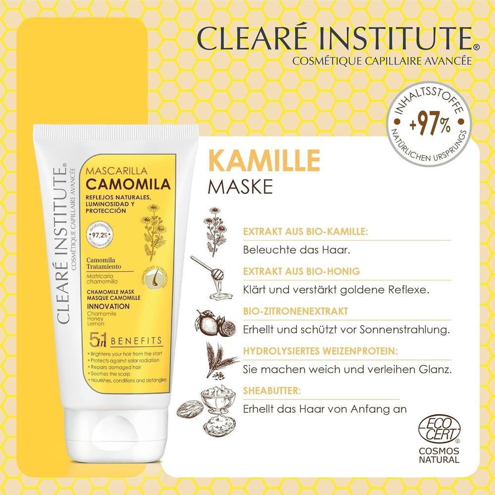 Clearé Institute | Mască cu mușețel | Hrănește, condiționează și descurcă | Strălucire și strălucire aurie | 97% ingrediente naturale | Calmează scalpul | Cu extract de mușețel |150 ml Masca de par Naty Shop