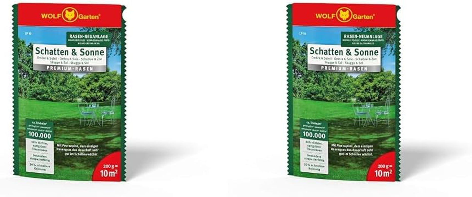 Wolf-Garten „Schatten & Sonne“ Premium-Rasen LP 50 (Für 50 M², Sehr Hohe Dichte Mit Ca. 100.000 Trieben/M2, Besonders Strapazierfähig, Hohe Schattenverträglichkeit, 1Kg Faltschachtel) 3820031