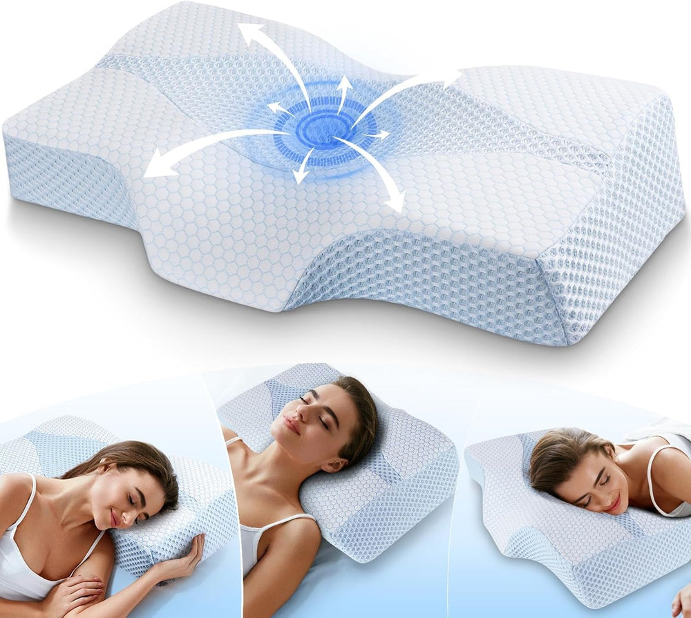 Pernă pentru gât din spumă de memorie Pernă ortopedică ergonomică Pentru dureri de gât și umeri - Pernă de dormit răcoritoare Pentru cei care dorm lateral, pe spate și pe stomac Cu suport pentru gât Perne ortopedice cervicale Naty Shop 01-albastru dimensiune standard (25 * 16 * 4.2/5.3) 01-Blue Size Standard(25"*16"*4.2"/5.3")