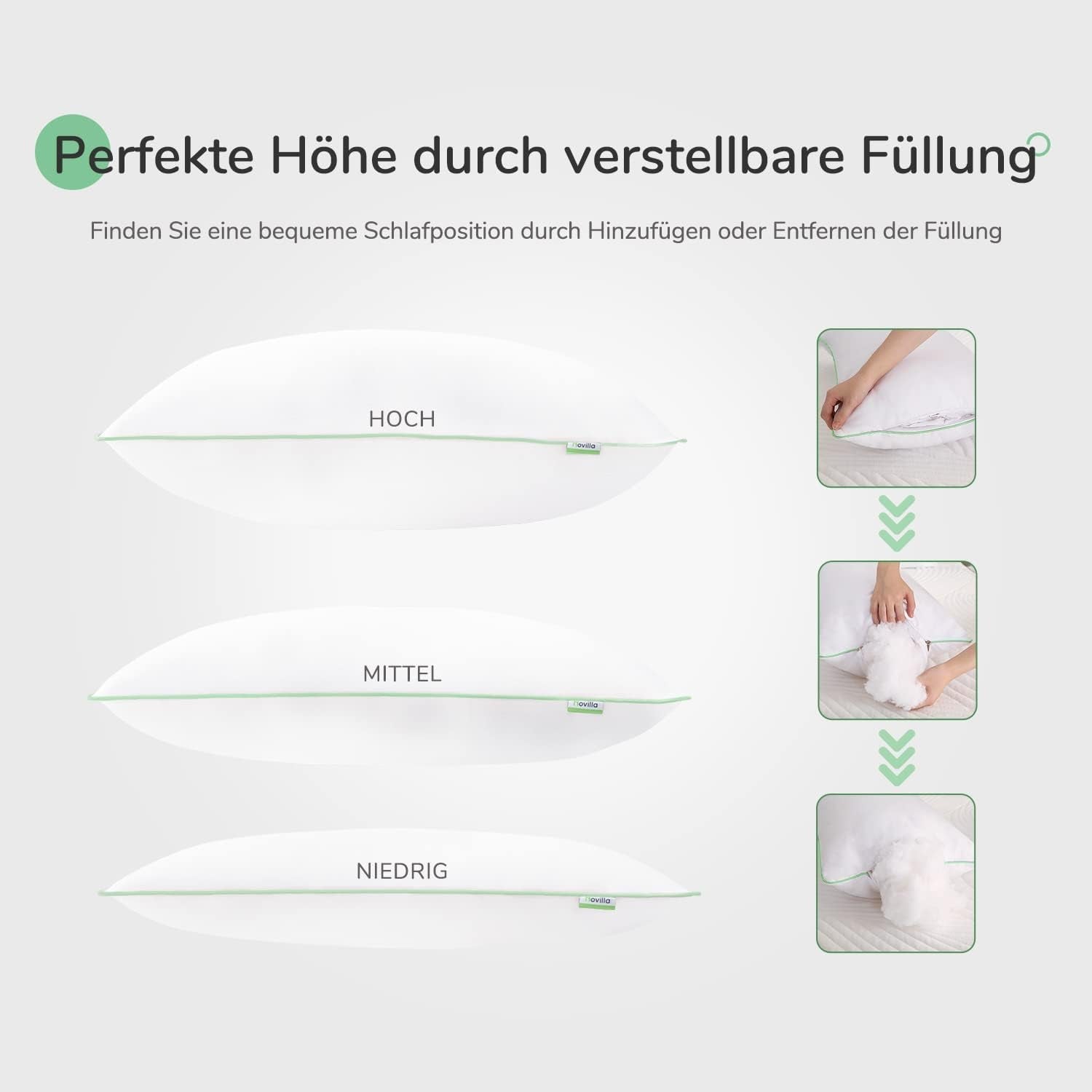 Novilla Pillow 65X65 Set de 2, 2800G (1400Gx2) Pernă reglabilă în înălțime Pernă pătrată de dormit Pernă albă de pat cu zip față de pernă lavabilă Perne standard Naty Shop