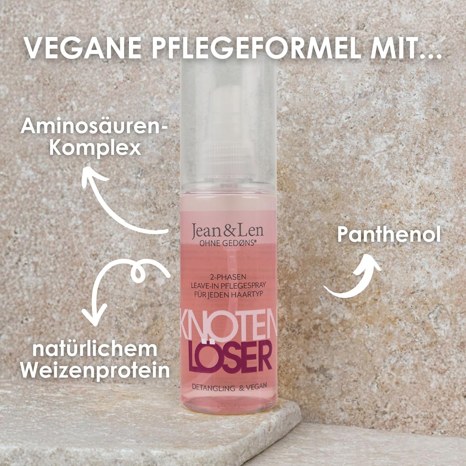 Jean & Len Knot Remover 2-Phase Leave-In Conditioning Spray, potrivit pentru toate tipurile de păr, descurcă părul și îmbunătățește pieptănabilitatea, parfum proaspăt, descurcare, fără siliconi și parabeni, vegan, 100 ml Produse pentru descurcarea părului Naty Shop