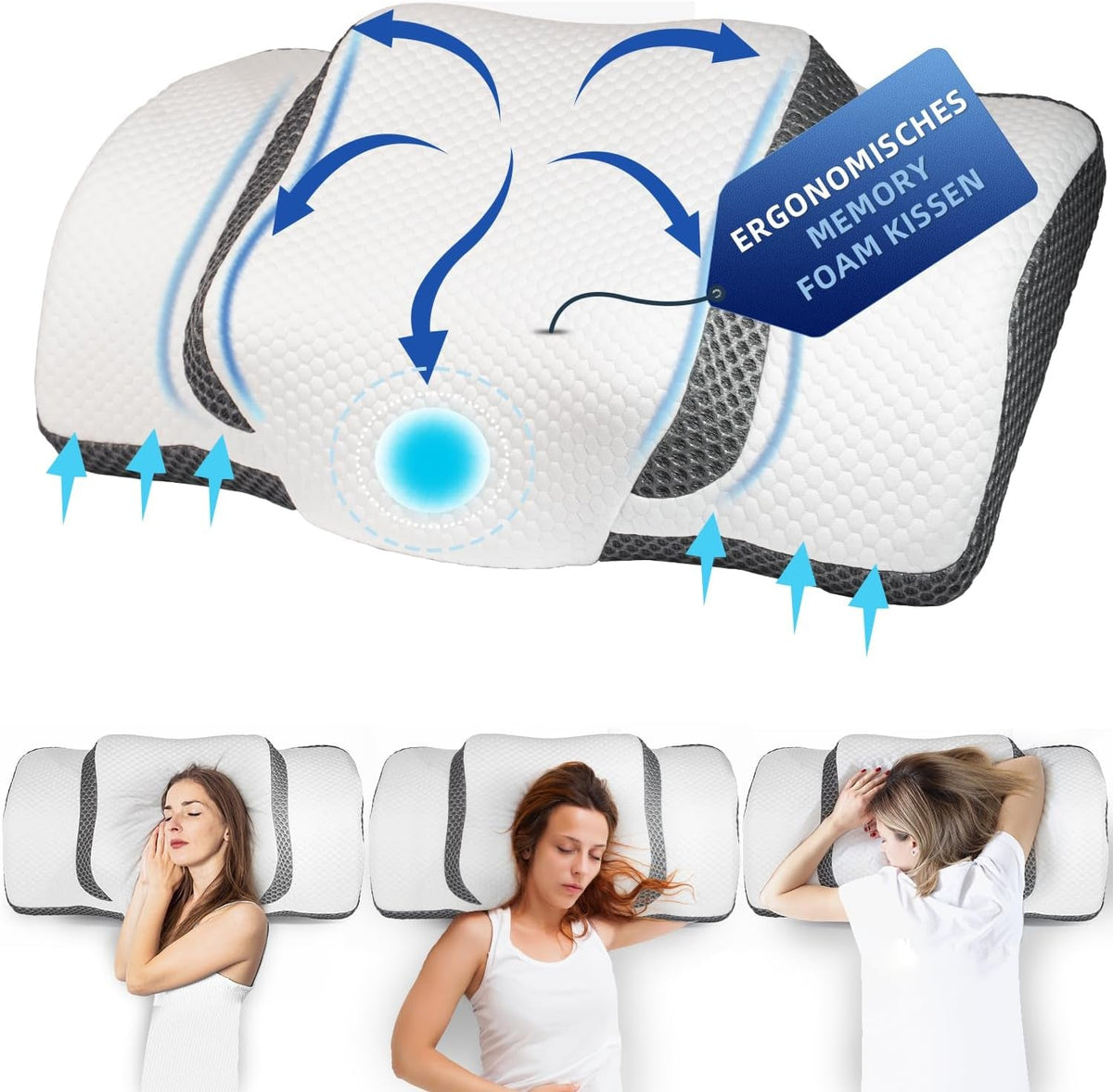 Pernă ortopedică, pernă ergonomică pentru gât, pernă pentru cap, pernă din spumă de memorie originală pentru părți laterale, sprijin pentru spate și stomac, pernă de sprijin pentru gât pentru bărbați, femei (67.3 X 38.2 X 13.8/3Cm) Perne ortopedice cervicale Naty Shop Gri închis - nou