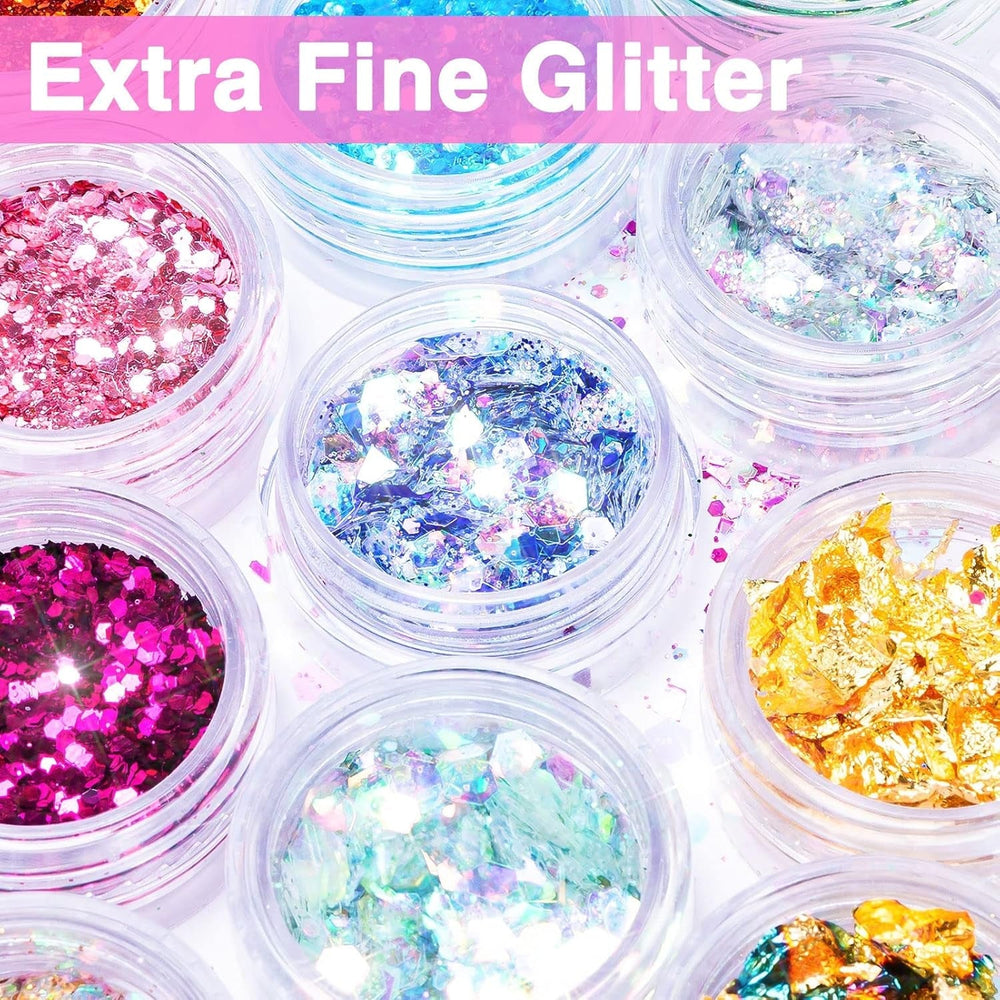 24 Farben Glitzer Set Mit Blattgold Und Glitzerpulver, Nageldesign Zubehör Pailletten Basteln Nail Art Glitter Mit Pinsel Für Nägel Gesicht Körper DIY Nagelkunst Make Up