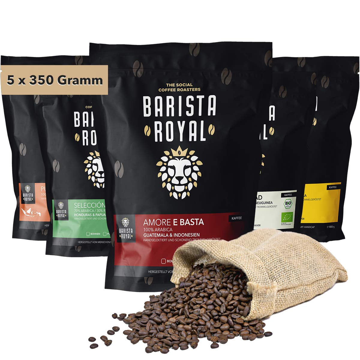 Set Degustare Cafea Boabe Întregi 5 x 350g | Pachet Descoperire Boabe de Cafea în Set Cadou | Arabica | Comerț Echitabil | Vegan | Ideal pentru Espressoare Automate, Espressoare cu Filtru, Espressoare Pour-Over și Prese Franceze | BARISTA ROYAL