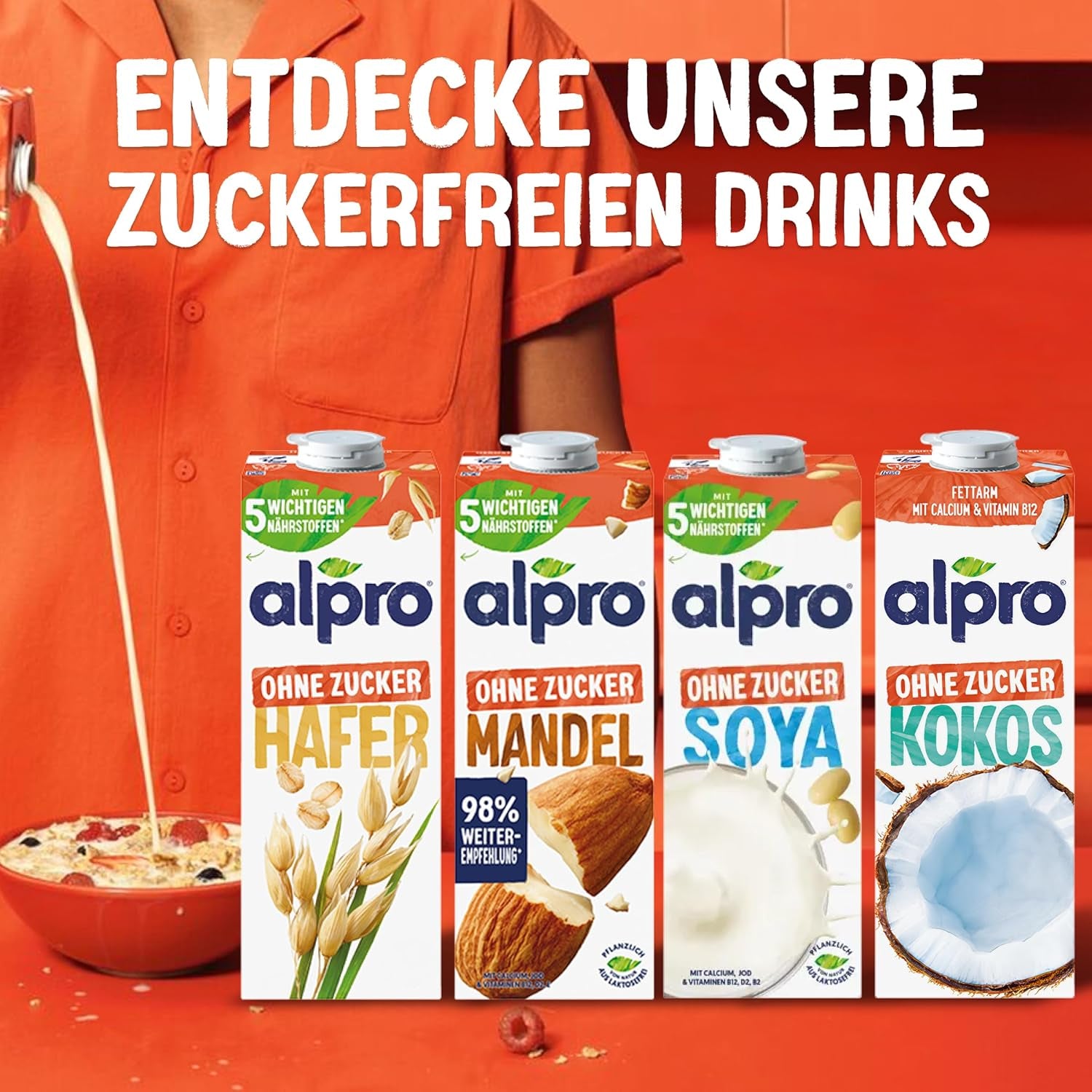 Alpro Haferdrink ohne Zucker – Milchalternative auf Haferbasis – Vegan og lactosefrei – Rich an Ballaststoffen, Calcium og Vitaminen – 8 x 1 L