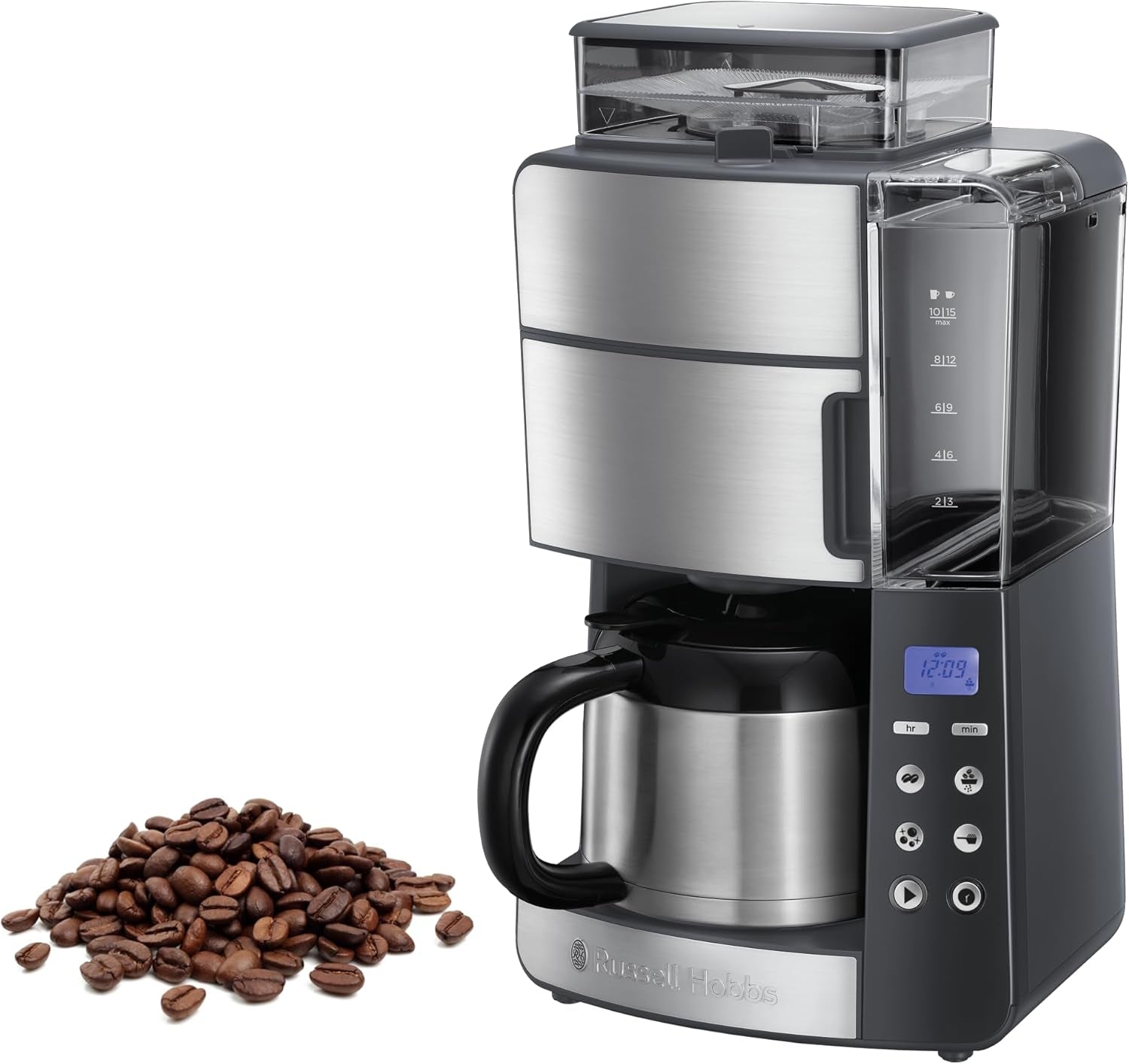 Cafetieră Russell Hobbs cu râșniță și carafă termică [temporizator digital, cap de duș pentru extracție și aromă optime] Grind&Brew (1-10 cești, 3 setări de măcinare) Cafetieră cu filtru 25620-56