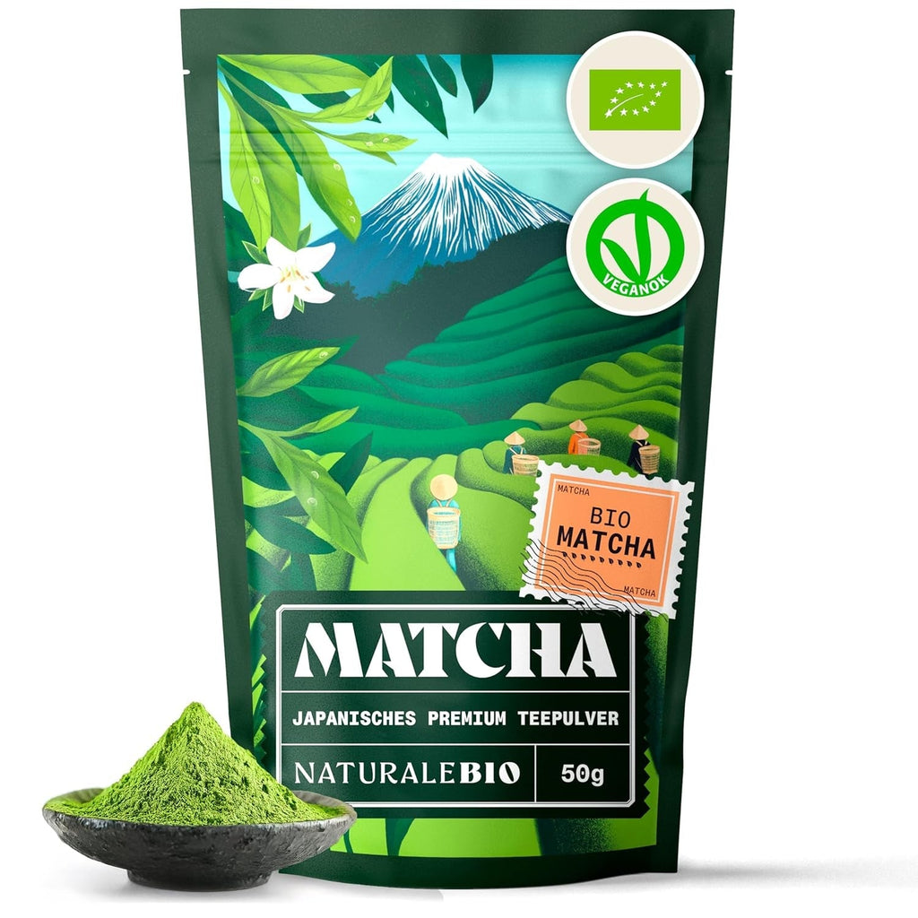 Naturalebio Matcha Ceai pudră bio - Calitate premium - 100G. Ceai verde original din Japonia. Ideal pentru băut. Ceai verde pentru latte, smoothie-uri. Produs în Uji, Kyoto.