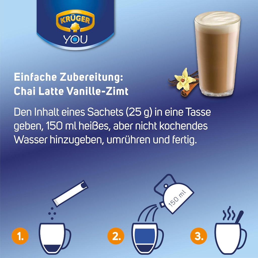 KRÜGER YOU Chai Latte Vanilie-Scorțișoară, preparat instant pentru băuturi cu lapte, aromatizat cu vanilie și scorțișoară, 250 g (10 pliculețe de 25 g)