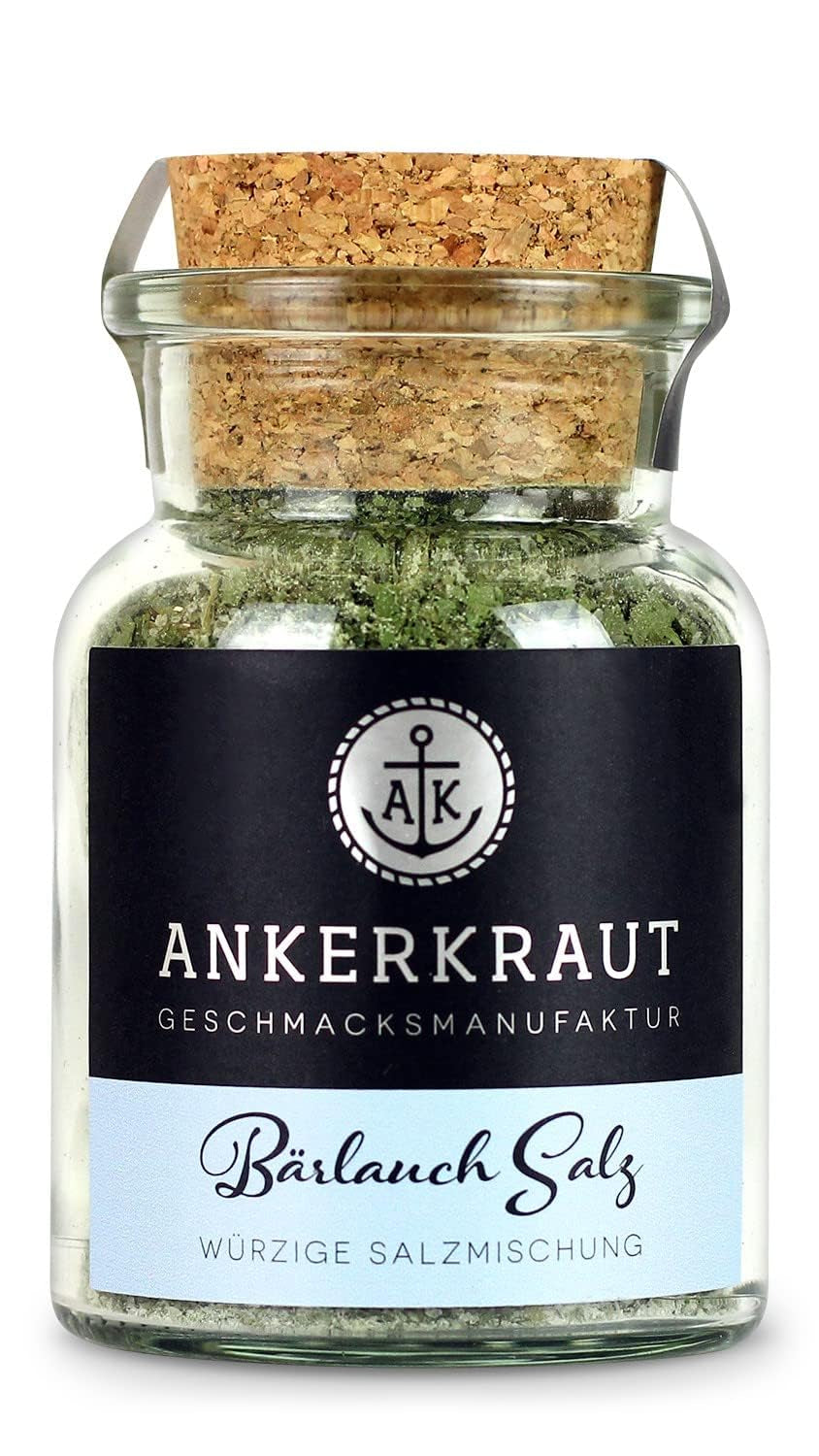 Ankerkraut Bärlauch Salz, Lecker Fleisch und Salat Verfeinern, Knoblauch-lignende Gesmack Aroma, Kräuter mit Gewürz zum Kochen, 110 g im Corkenglas