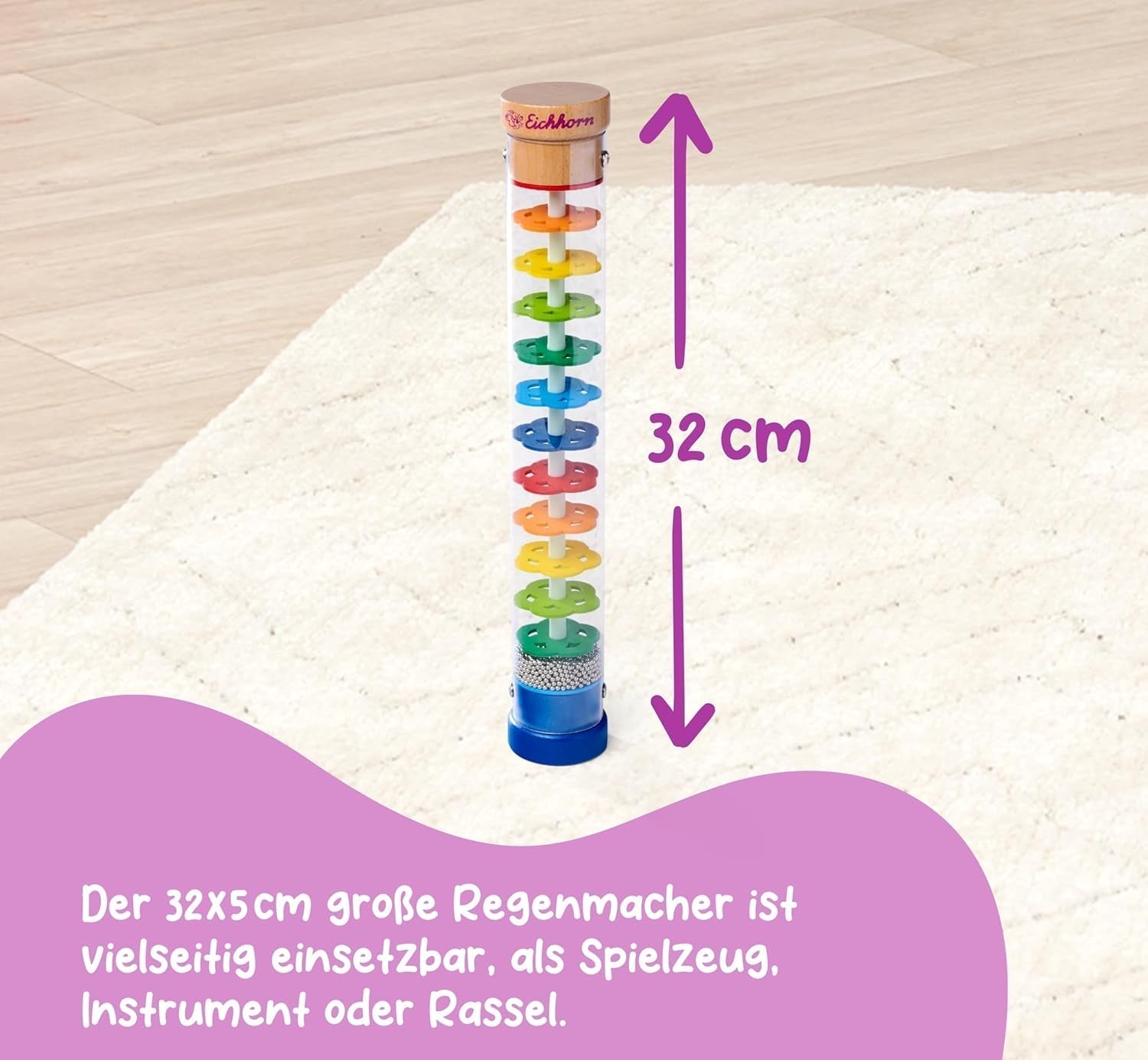 Eichhorn 100003446 - Rainmaker din lemn masiv, tub din plastic cu bile metalice, 32x5cm Jucarii Bebe Naty Shop