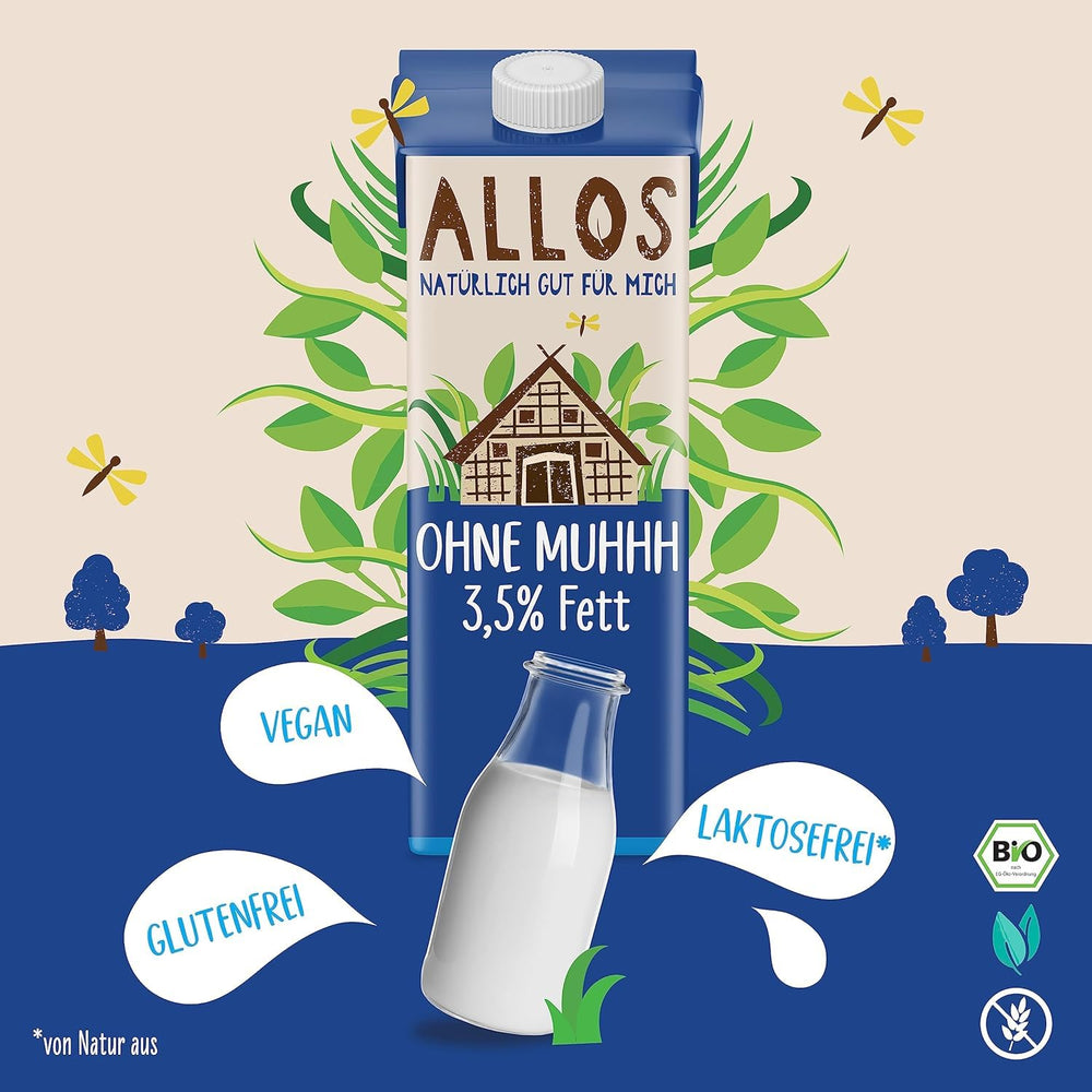 Allos Bio Ohne Muhhh 3,5% | Milchalternative | Drik auf Pflanzenbasis | vegansk | schäumbar | perfekt til kaffe laktosefri | Kilder til calcium og vitaminer | Reich an Protein | 1 liter (6 stykker)