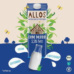 Allos Bio Ohne Muhhh 3,5% | Milchalternative | Drik auf Pflanzenbasis | vegansk | schäumbar | perfekt til kaffe laktosefri | Kilder til calcium og vitaminer | Reich an Protein | 1 liter (6 stykker)
