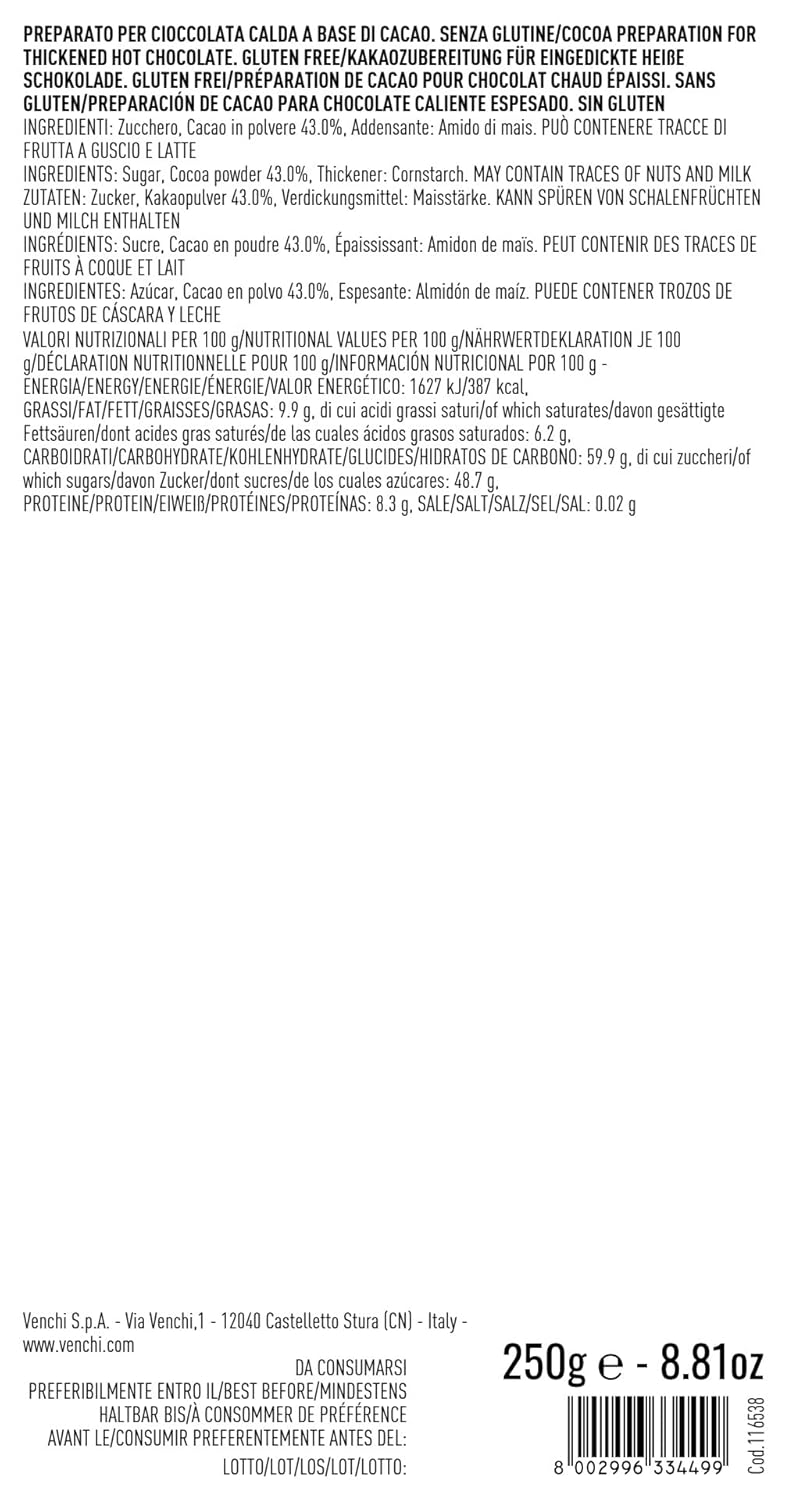 Venchi - Mix de ciocolată caldă - Pudră de cacao, 250 grame - Fără gluten Naty Shop